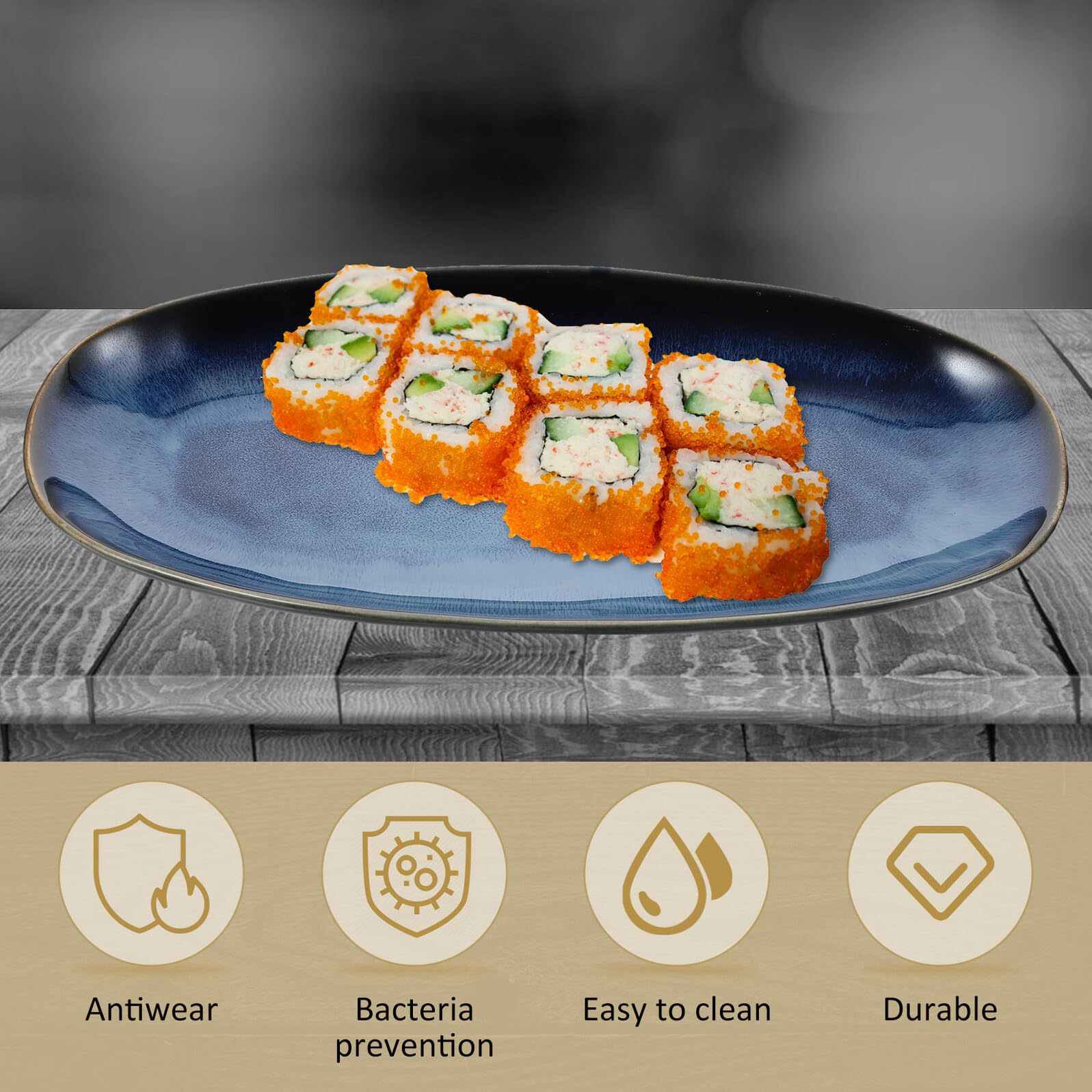 VANZACK Assiette Sushi en Céramique Bleu, Plat Poisson Multi-Fonction