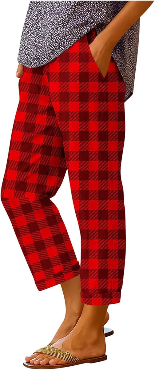 Women Checkered Cropped Jeans Straight Leg Elastic Waist Pants