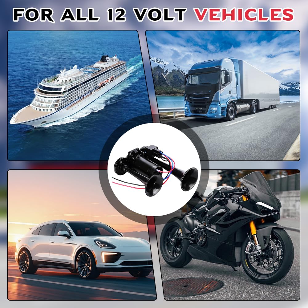 LKW Hupe 12V Laut, 600DB Super Laut Air Horn Autohupe Train Horn, Doppelrohr Lufthorn Drucklufthorn mit Kompressor Kit für alle 12V Fahrzeuge LKW Lörries Züge Boote Cars Vans, Schwarz