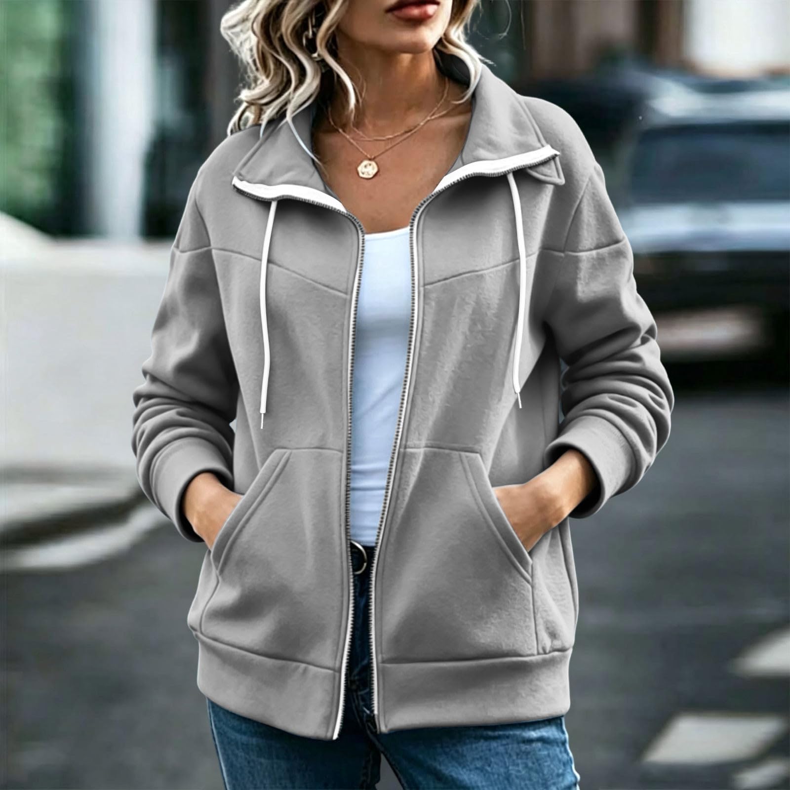Veste Sweat Femme Zip Intégral Poches Col à Revers Manches Longues uni