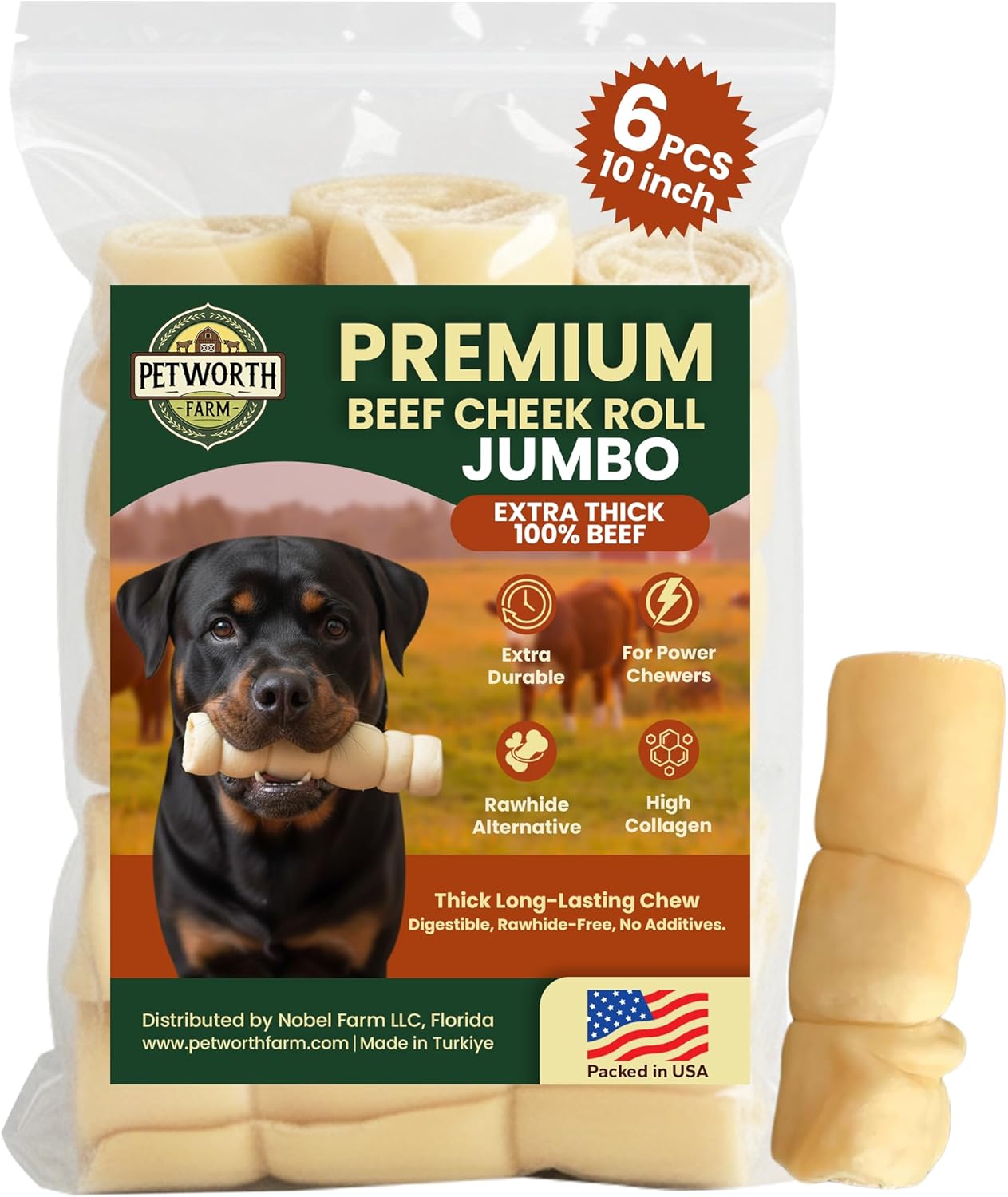 6 Pack 10 Inch Beef Cheek Rolls Extra Thick for Large Dogs – Digestible Rawhide Alternative Chews, Long Lasting Dental Treats, Single Ingredient Natural Dog Chews for Dogs