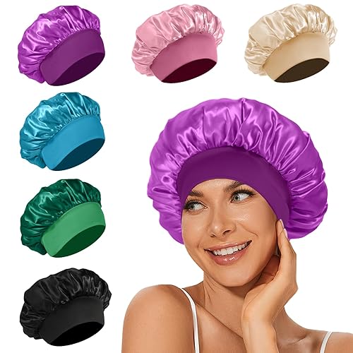 Miniatura 10 de 4 gorros de satén de seda, gorro de pelo para dormir, banda ancha elástica de seda para dormir, gorro de ducha suave y transpirable