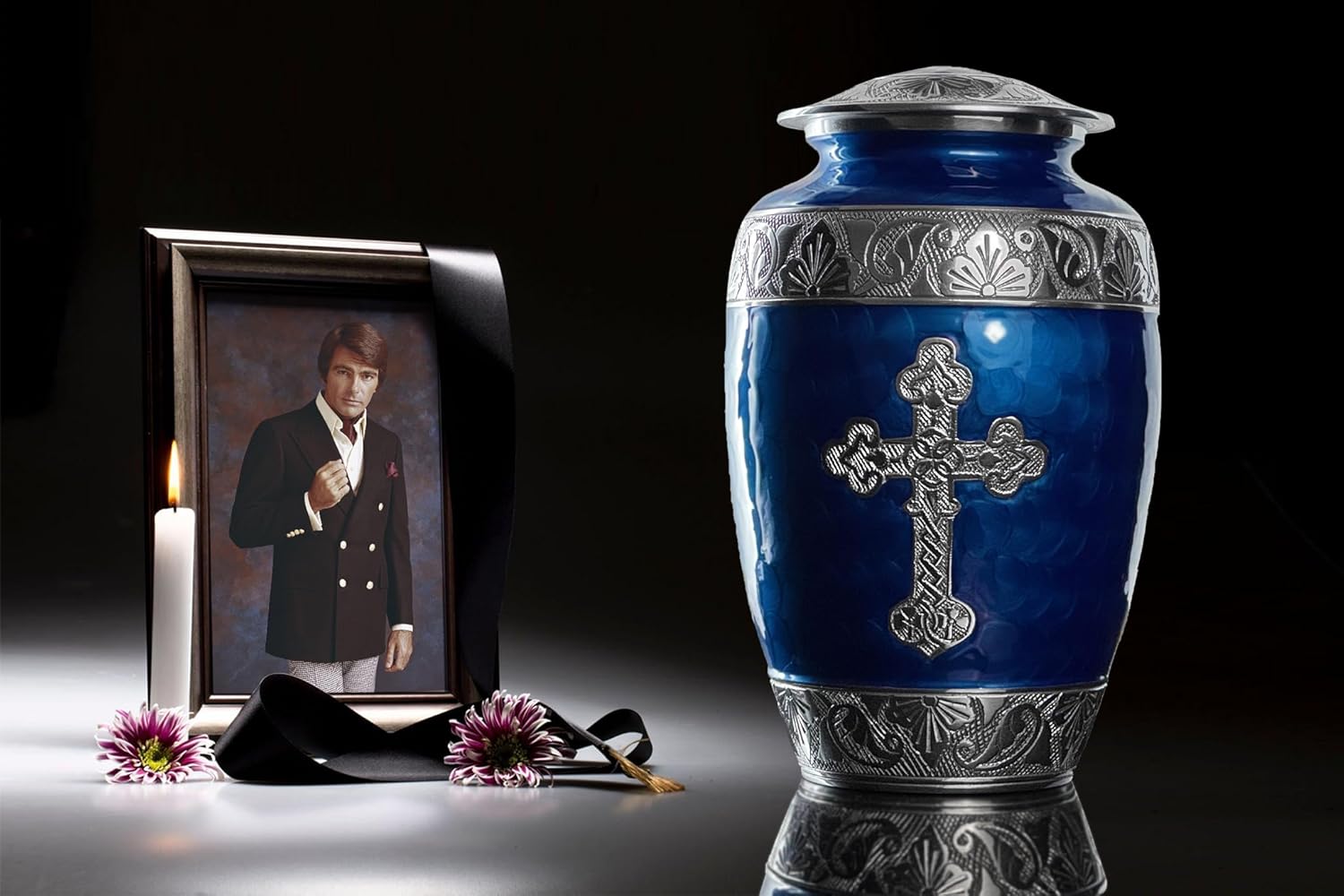 Handcrafted Cross Cremation Urns for Adult Ashes, Decorative Urns for Ashes Adult Male & Female, Funeral Urn, with Velvet Bag - Up to 200 Lbs (Navy Blue, Large)