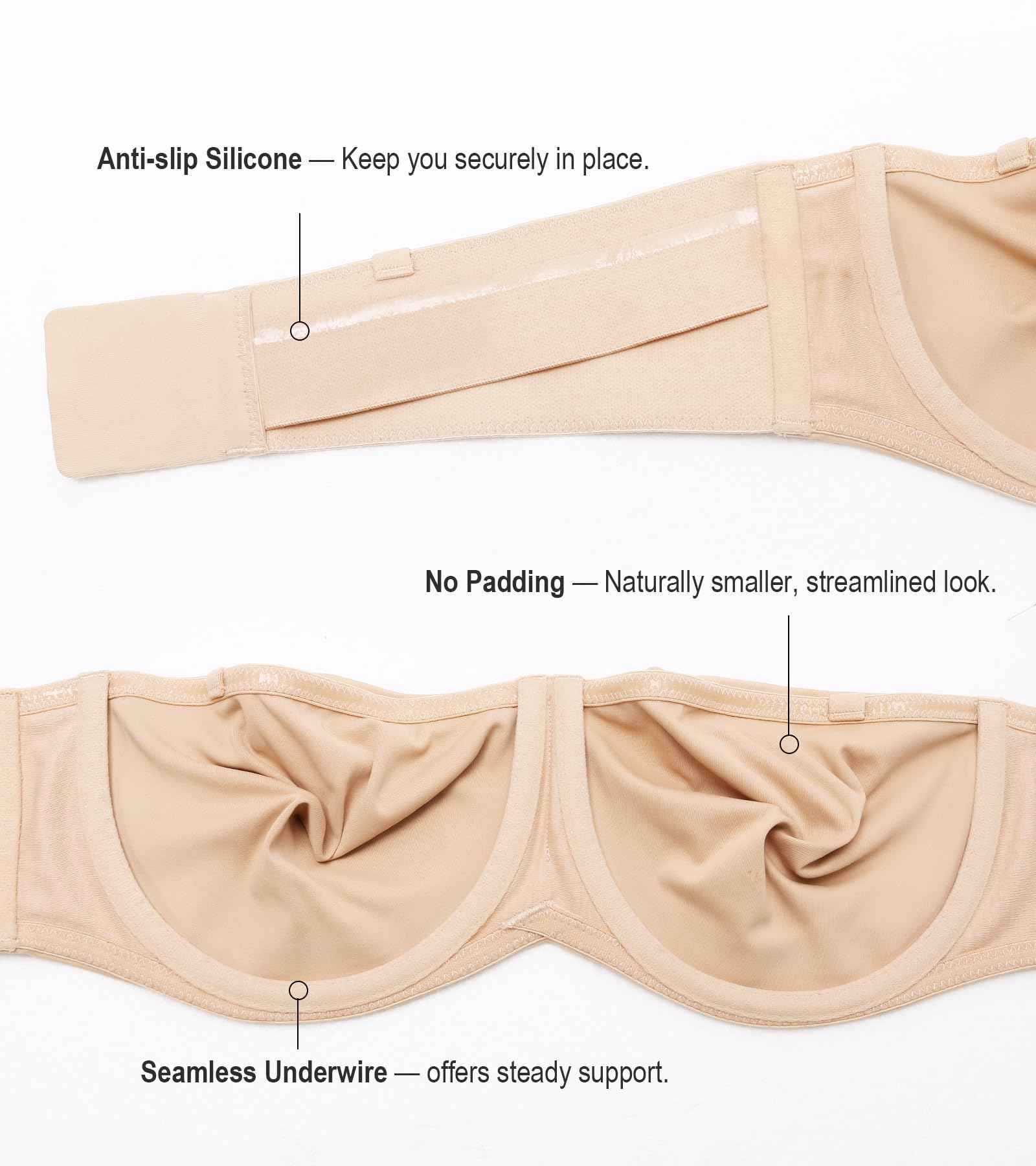 Lemorosy Brasier Reductor sin Tirantes, Busto Grande, Soporte Completo, sin Costuras, Convertible, con Aros, para Mujer, Desnudo/, 85F