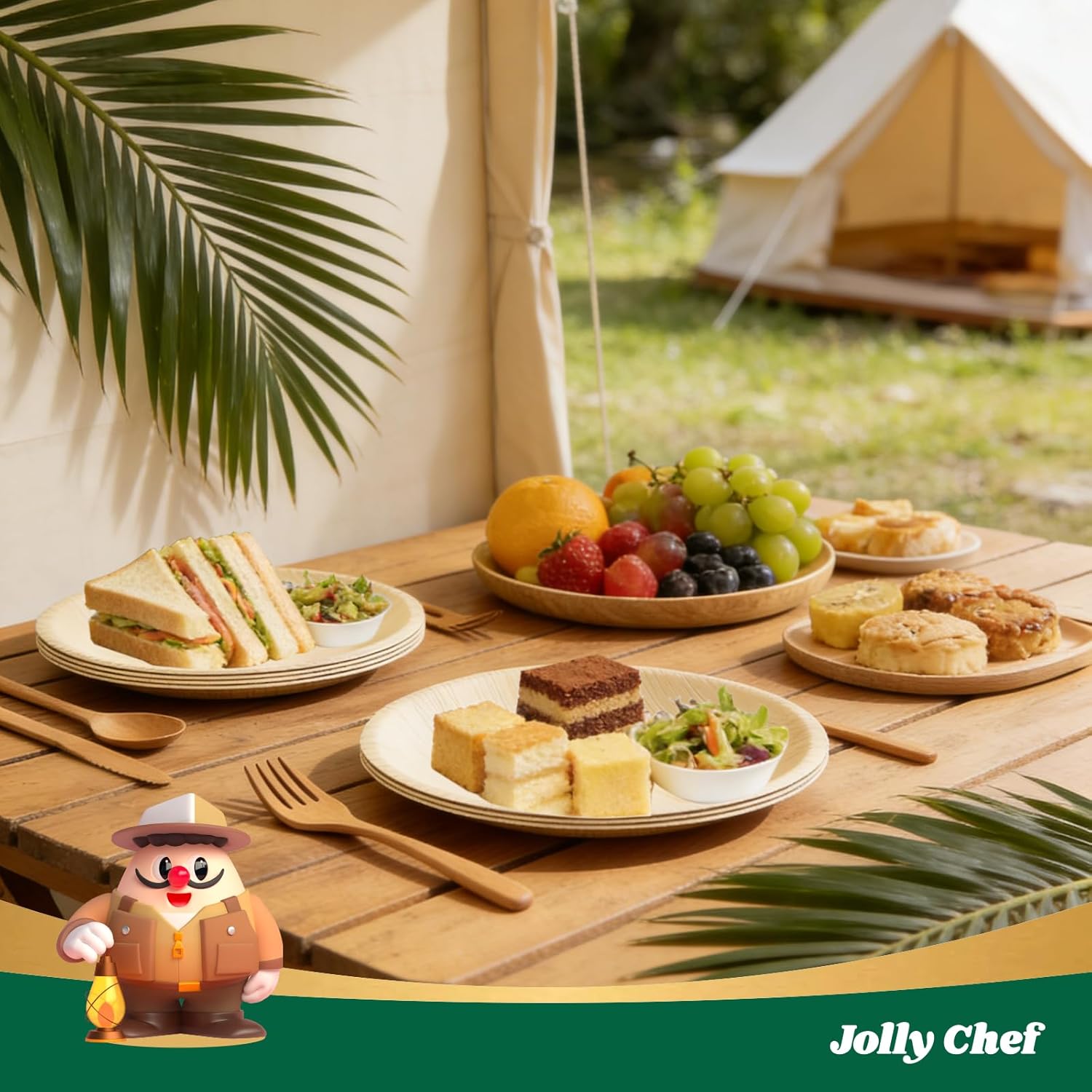 JOLLY CHEF Palm Leaf Plates, 50 Pack 10 Inch Bulk Disposable Like Bamboo Round Plates, Party Compostable Ideal for Dinner, Wedding, Party