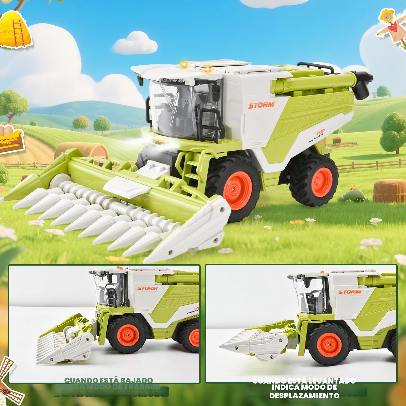 2 en 1 RC Cosechadora teledirigida grande, juguete cosechadora con luz, sonido y función de pulverización | Varios accesorios para escenarios de granja niños de 3 a 8 años