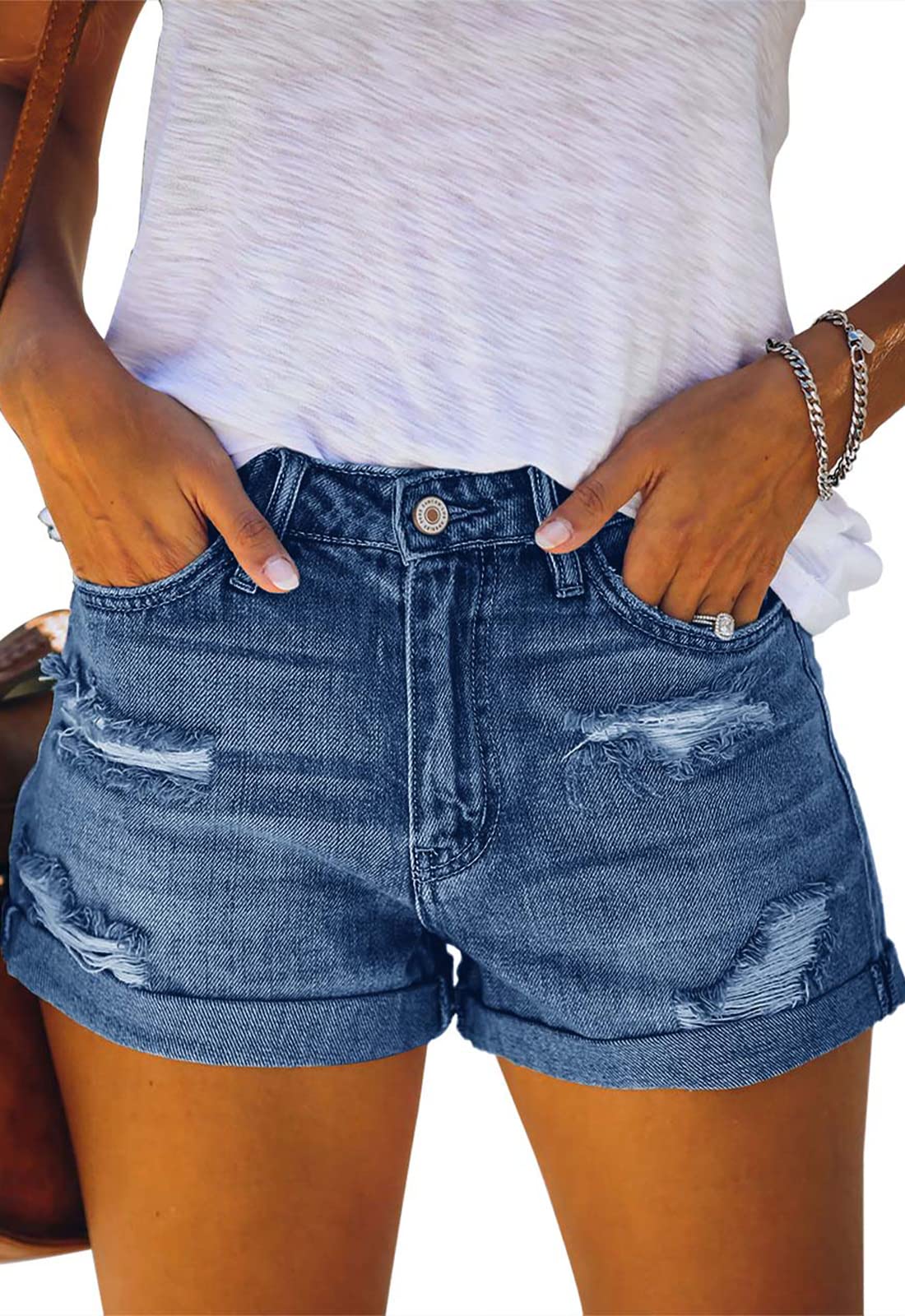 Pantalones Cortos de Mezclilla para Mujer Cintura Media enrollada Pantalones Calientes Verano Agujero Rompiendo Pantalones Cortos de Mezclilla