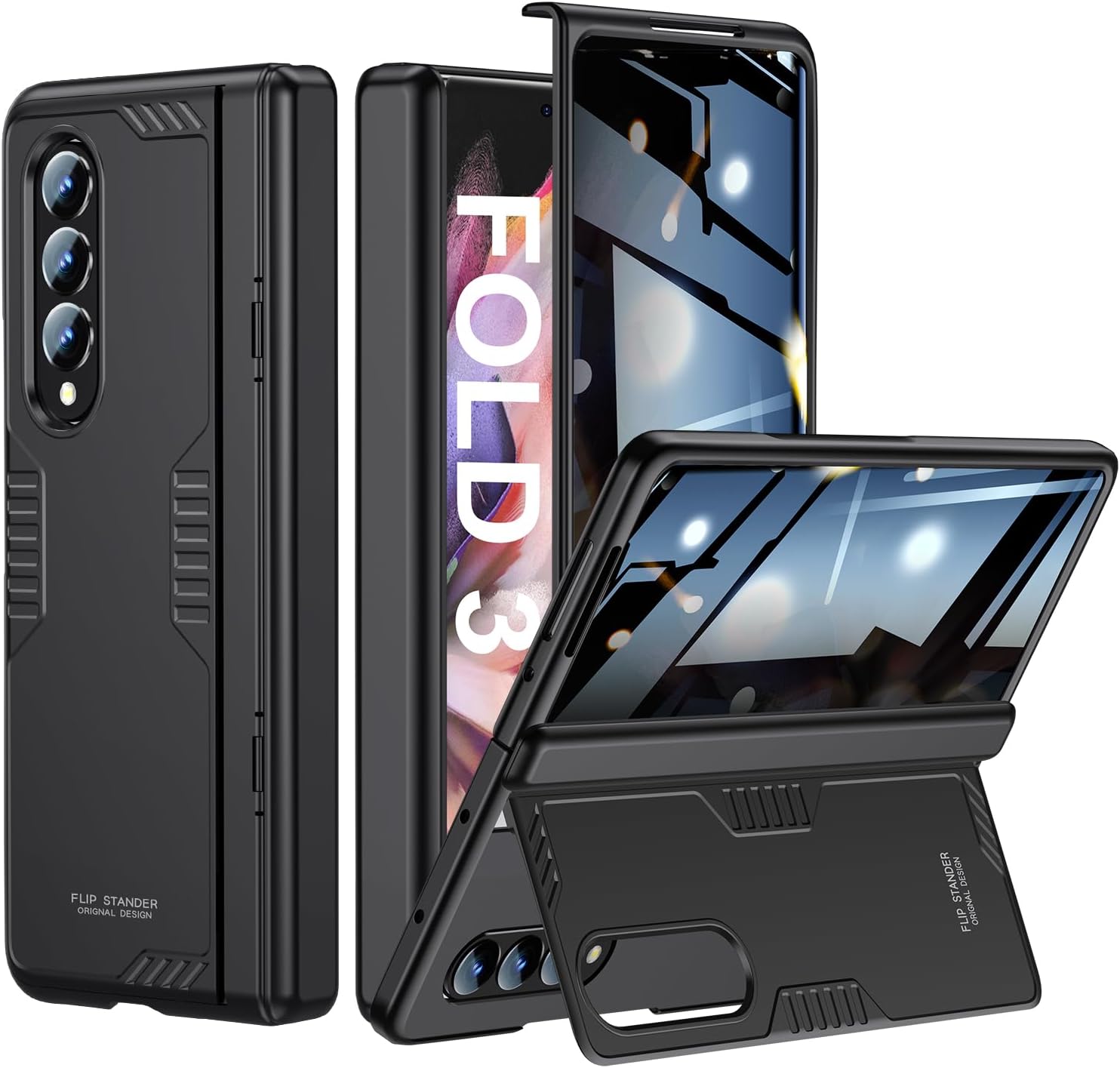 Kaiiecal for Samsung Galaxy Z-Fold-3 Privacy Case:[Hidden Kickstand][Wireless Charging] Slim Hinge Protection Lightweight Stand Phone Cover Case with Privacy Screen Protector Black