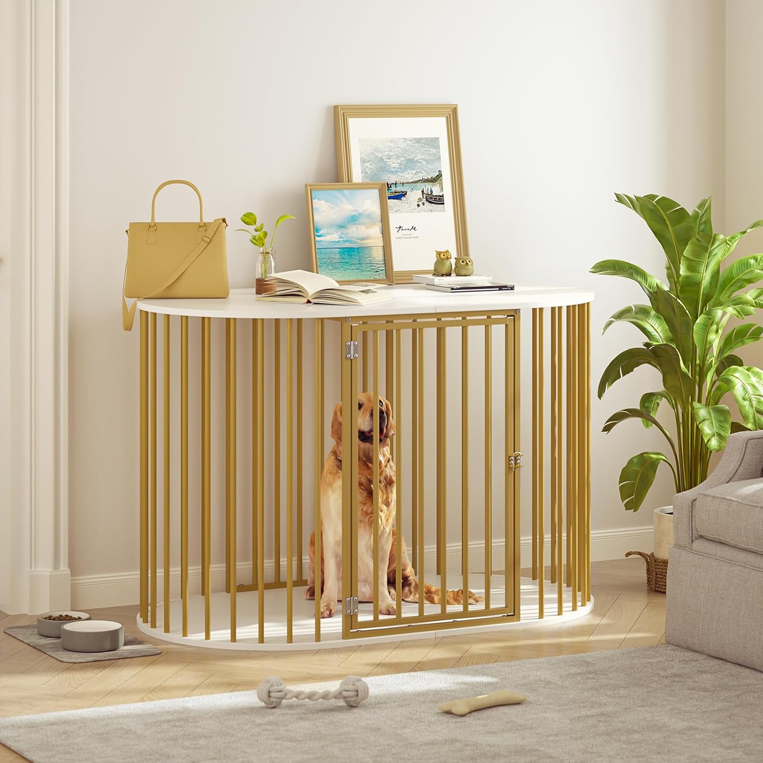 TVU 48 Inch Dog Crate Furniture, Heavy Duty Dog Kennel Indoor for Large Dogs, Oval Decorative Pet House End Table for Living Room, Bedroom, Hallway, 47.2" L x 27.6" W x 31.5" H, White, Gold