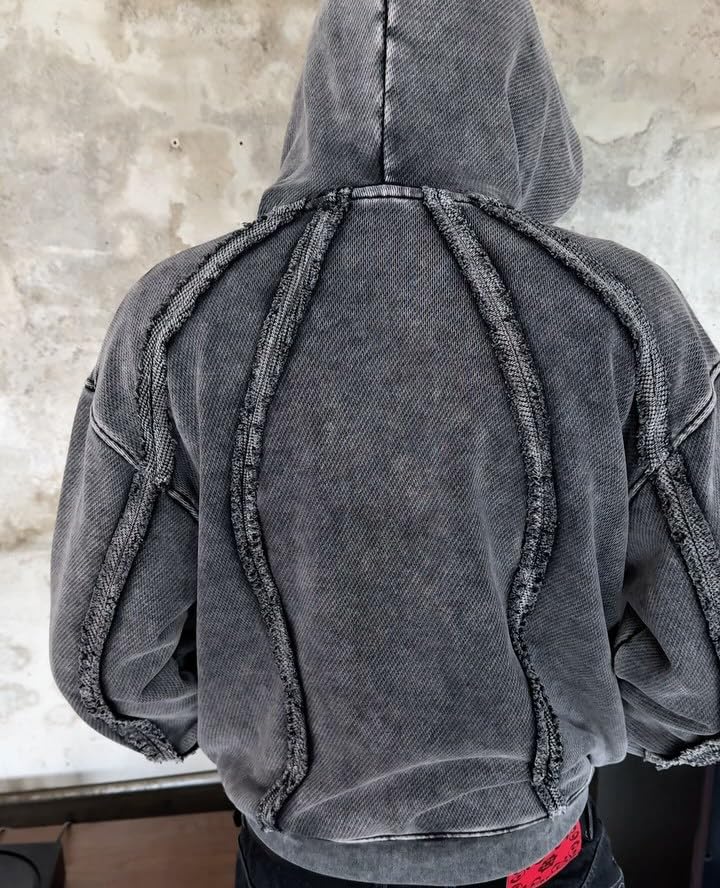 Oversized men's zipper long sleeved retro hoodie with pockets, pickled street style top4