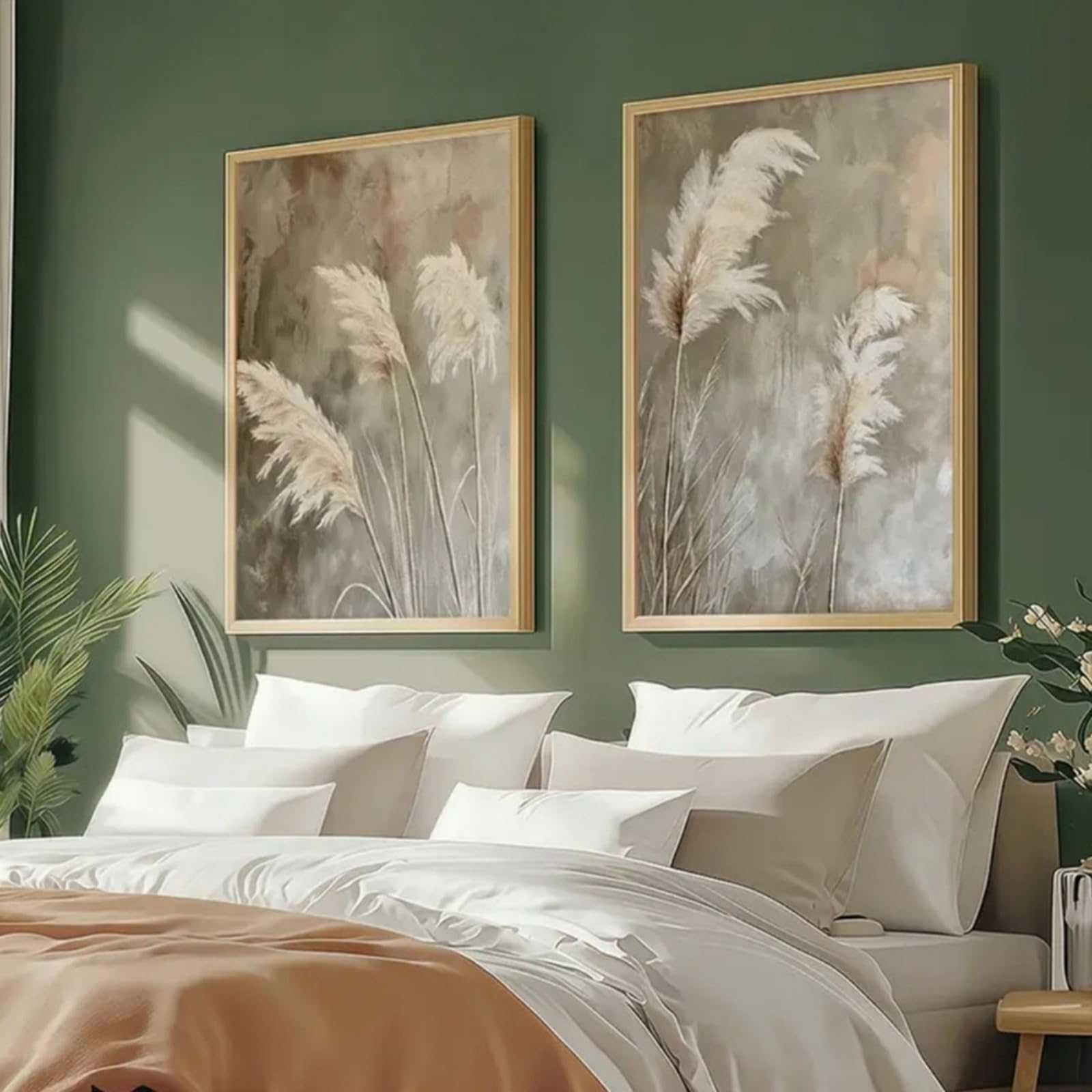 ZBELLO Set of 2 Pampas Grass Wall Art Prints, Neutral Boho Abstract Botanical Posters, for Living Room Bedroom Decoration, Unframed (21x30cm)