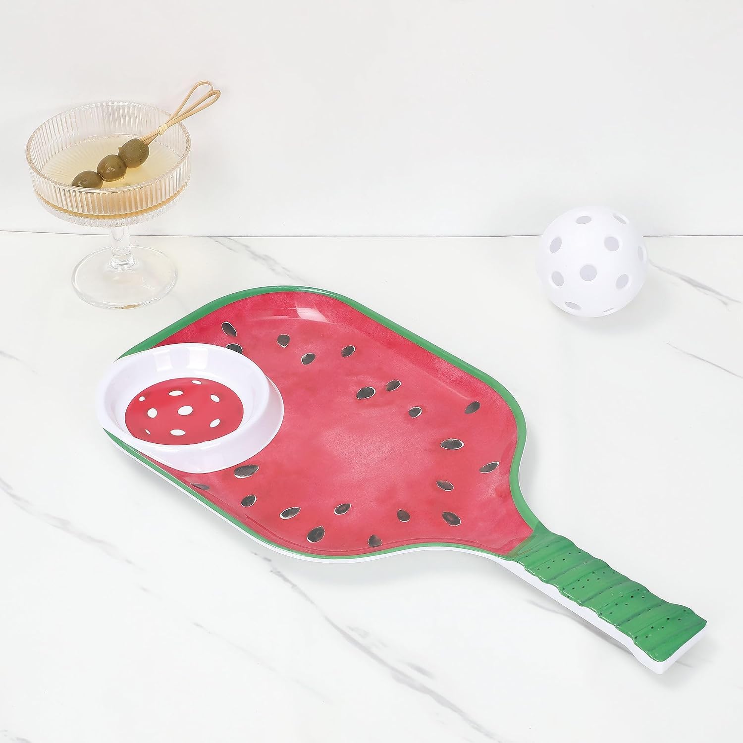 UPware Watermelon Melamine Chip and Dip Snack Tray, Summer Fruit Pickleball Paddle Shape Platter for Chips, Salsa, Fruits, and Appetizers, 15.75 x 8 Inch