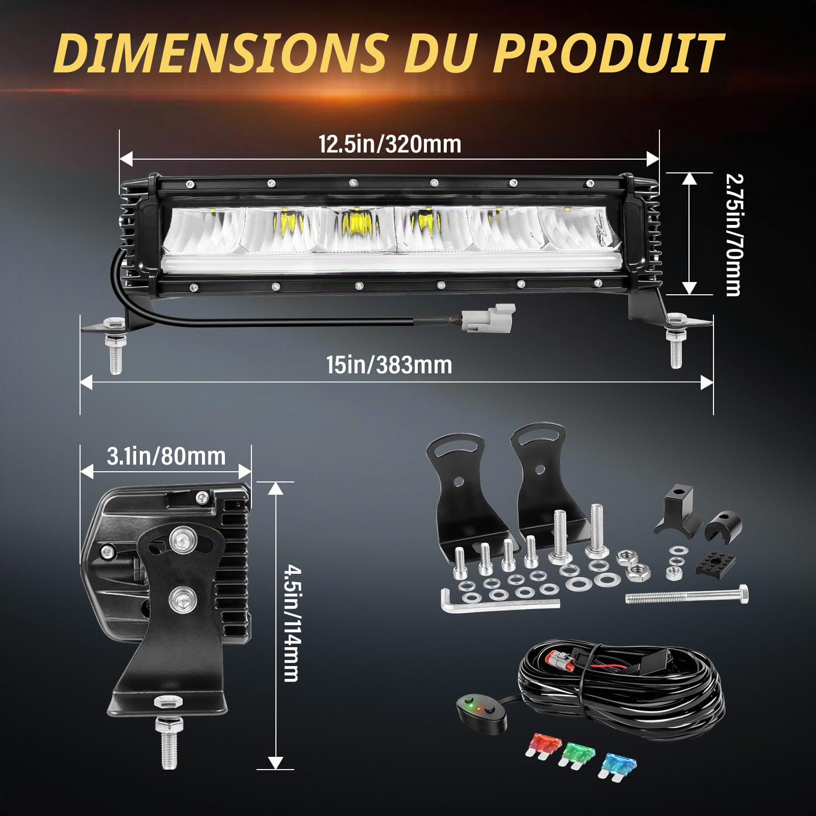 PICAA Barre LED 13 Pouces 32 cm 120W, Feux de Jour DRL Ambre, Rampe à LED | avec Kit de Câblage 12V pour Camion, Bateau, Projecteur, Feux de Brouillard, 4x4, ATV, Véhicule,étanche IP67