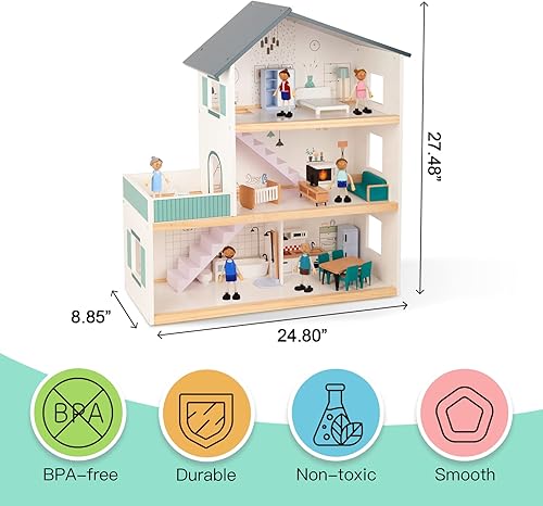 Miniatura 6 de TOOKYLAND Casa de muñecas de madera para niños, casa de muñecas con muebles de lujo simulados, juego de casa de muñecas preescolar para niñas y