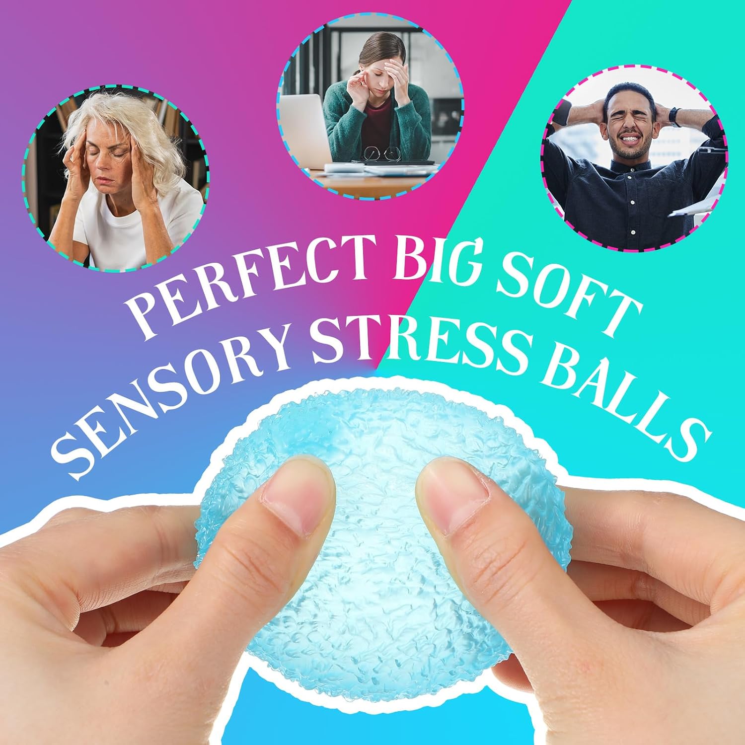 Gemscream 6 Pcs Sensory Squeeze Stress Balls for Adult - Textured Gumdrop Shape Stress Balls Toys Large Fidget Ball Soft Sugar Gel Ball for Anxiety Relief Autism ADHD Malt Party Favors Gift