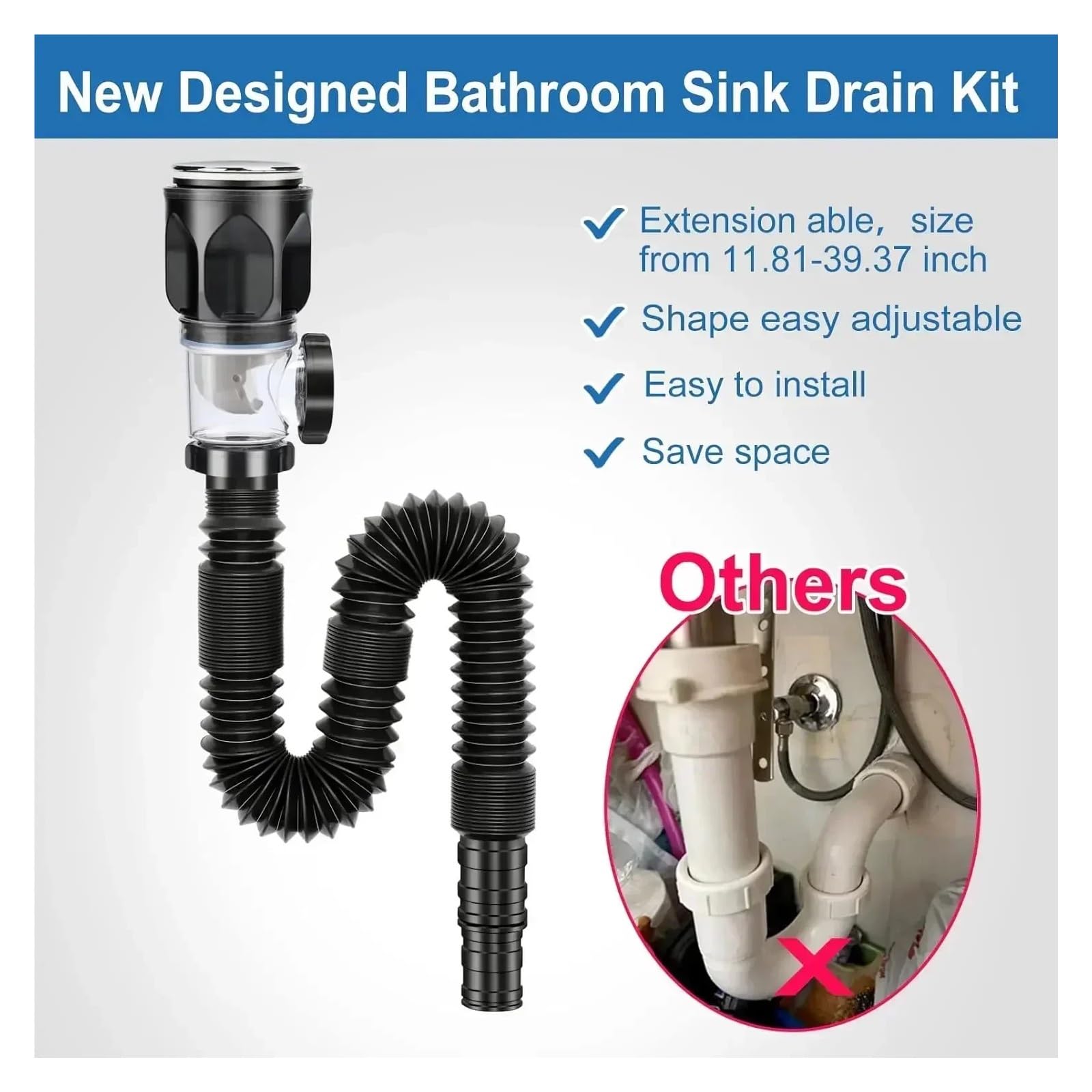 Manguera de desagüe for fregadero de cocina, aislamiento de olores, desagüe for lavabo, tuberías de desagüe horizontales y verticales universales, accesorios(Grey-1PC)