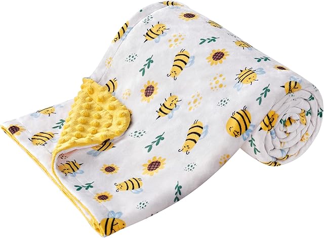DAYSU Baby Blanket, Silky Soft Micro Fleece Baby Blanket with Dotted Backing, Printed Animal Throw Blanket for Boys and Girls, Bee, Yellow, 101x76cm