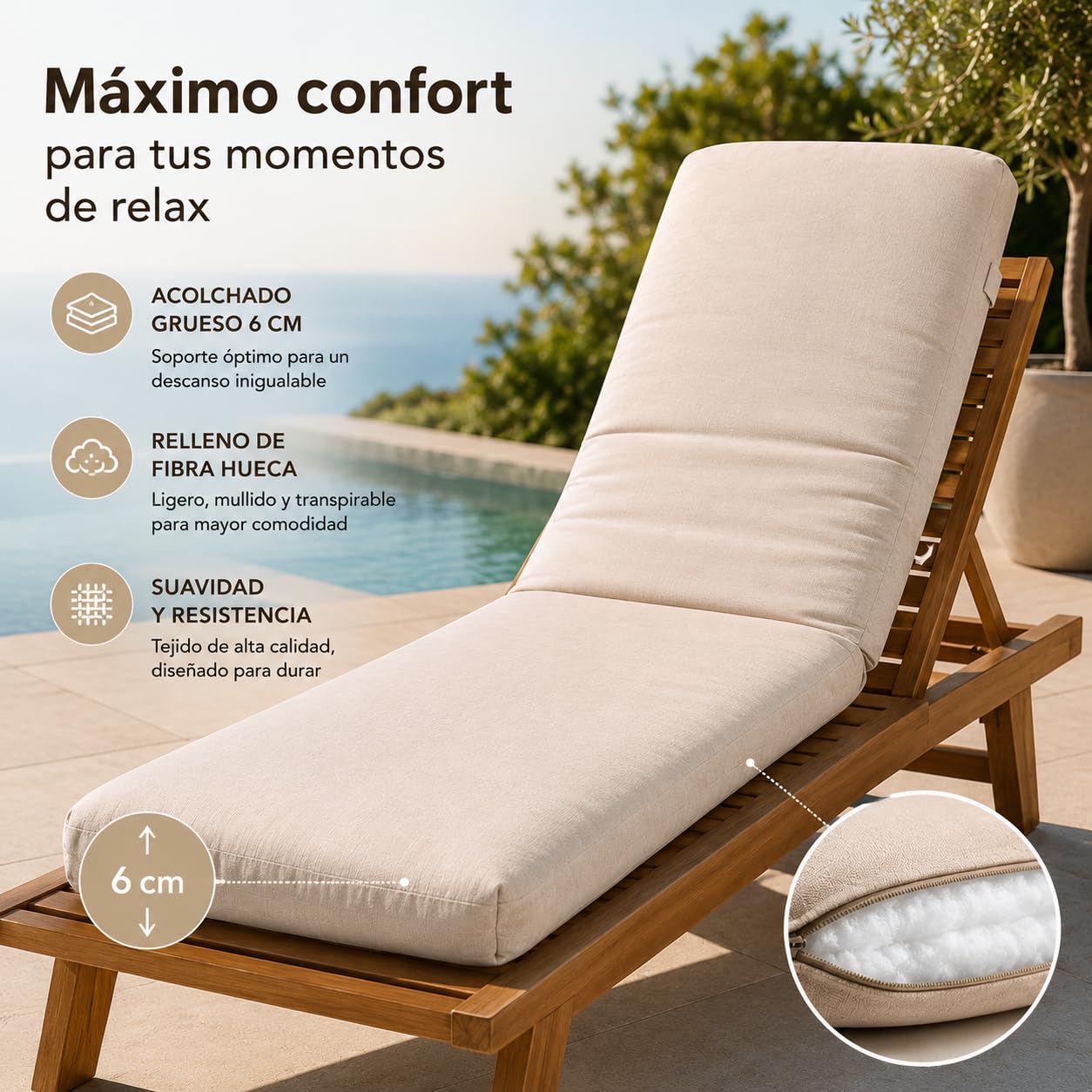 TIENDA EURASIA - Cojin Tumbona Exterior | Pack 2 Colchonetas | Medida 180 x 50 x 6 cm | Funda de Loneta con Cremallera Lavable | Relleno de Fibra Hueca Acolchada (Crudo)