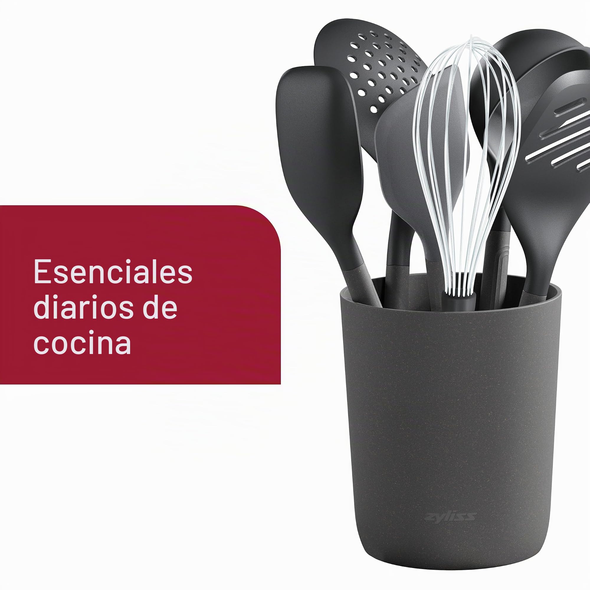 Zyliss Juego de 7 Utensilios de Cocina de Silicona y Paja de Trigo Duraderos con Cucharón, Espátula, Cuchara y Soporte, Cabezales de Silicona Resistentes al Calor, Color Gris Beluga