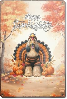 Happy Thanksgiving Afghan Hound Turkey Costume Pumpkins Autumn Leaves Metal Aluminum Sign Dog Lover Wall Art Home Decor 13014