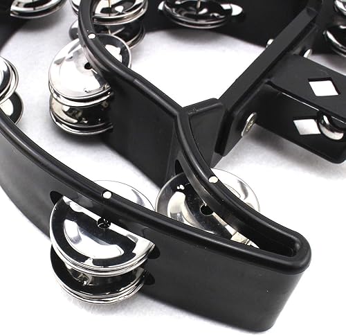 Miniatura 3 de Pandereta de batería con perno de ojo de montaje, pandereta Hi Hat (negro, rojo) (10 filas dobles de jingles, negro)