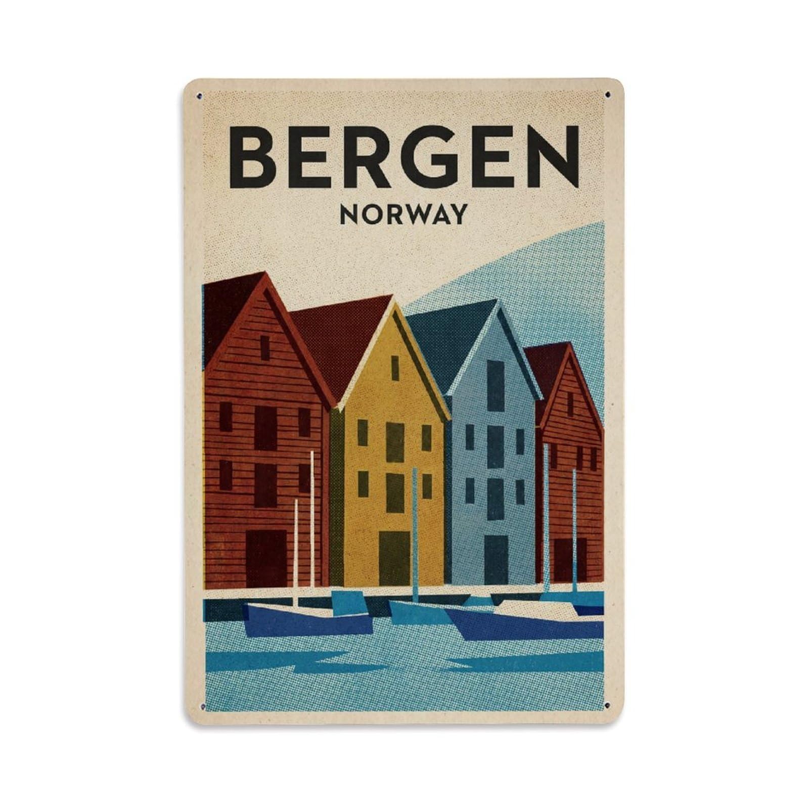 Vintage Travel Norway Bergen（1） Metal Tin Sign Plaque Wall Decor for Cafe, Club Bar, Office, Garden Metal Poster 8x12Inch