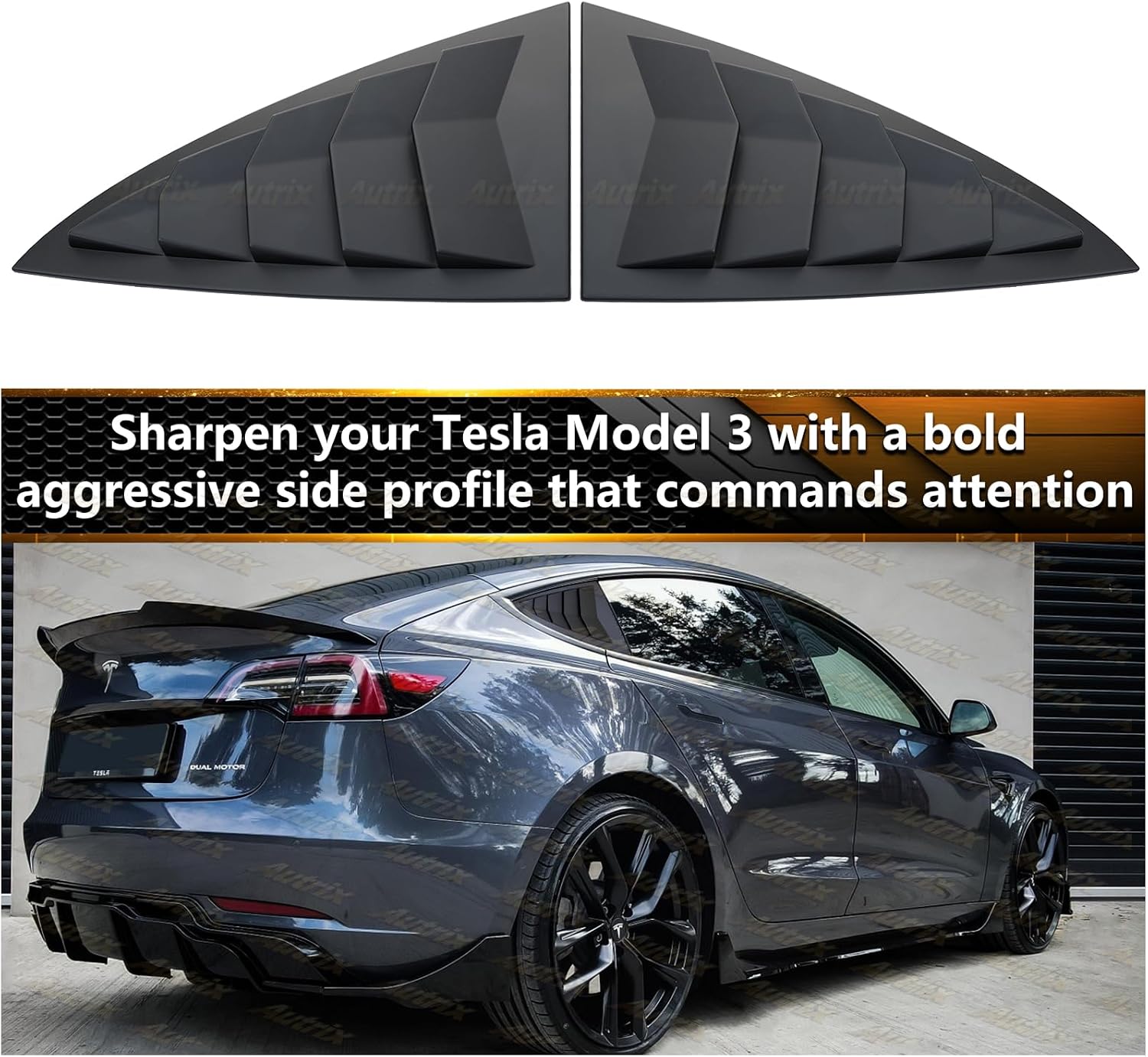 Rear Side Window Louvers Cover for 2017–2026 Tesla Model 3 & Model 3 Highland, Window Louver Air Vent Scoop Shades Shutter Cover Sport Style Exterior Accessories Matte Black