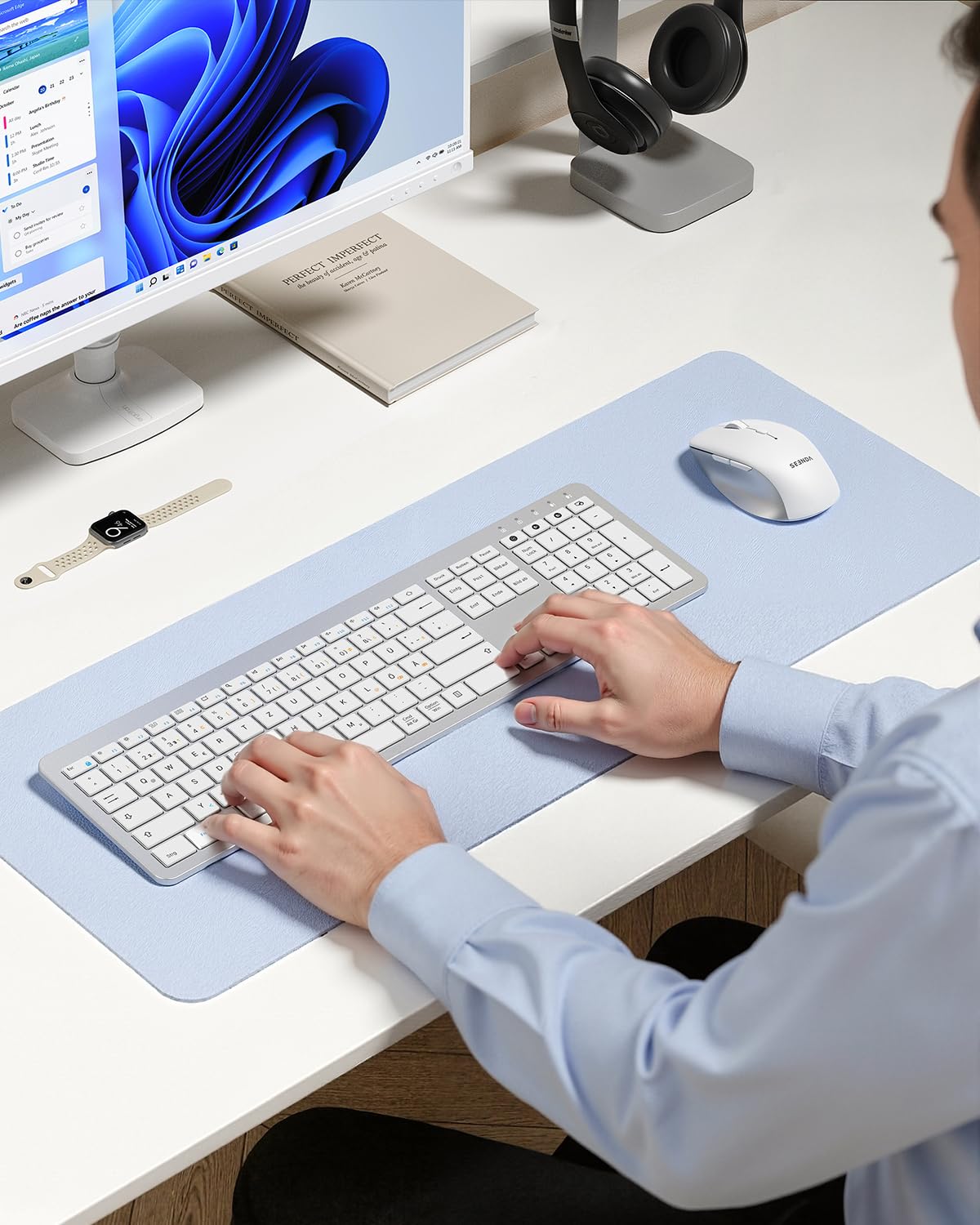SEENDA Bezprzewodowy zestaw myszki do klawiatury, ultracienki, z podwójnym Bluetooth i USB 2,4 GHz dla 3 urządzeń – niemiecki układ QWERTZ dla Windows, Mac, iPad, laptopa i tabletu (biały i srebrny)