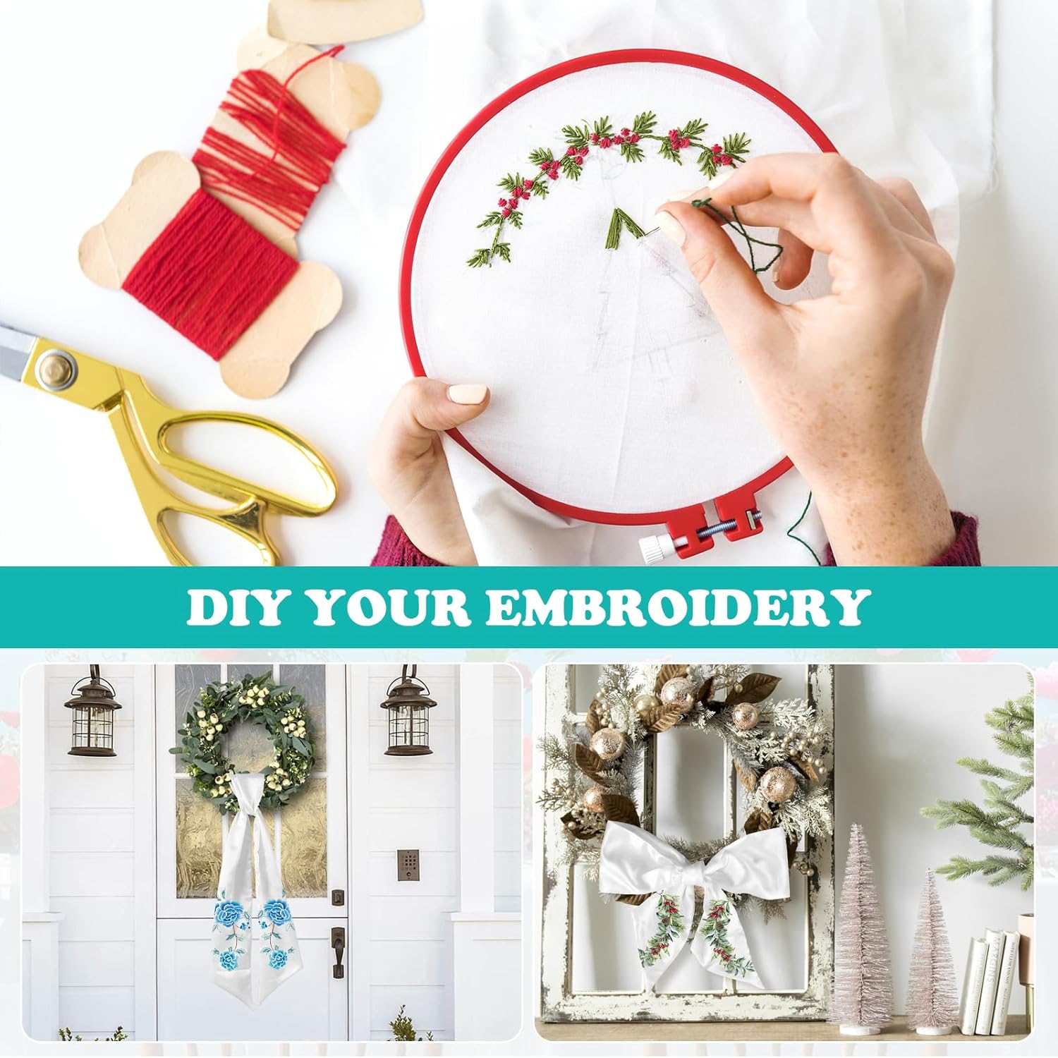 6Pcs White Wreath Sash for Front Door Blank Wreath Sash Monogram Door Wreaths Hanger Embroidery Plain Wreaths Accessories for Christmas Halloween Party Yard Wall Doorway Outdoors Decoration,5x55in