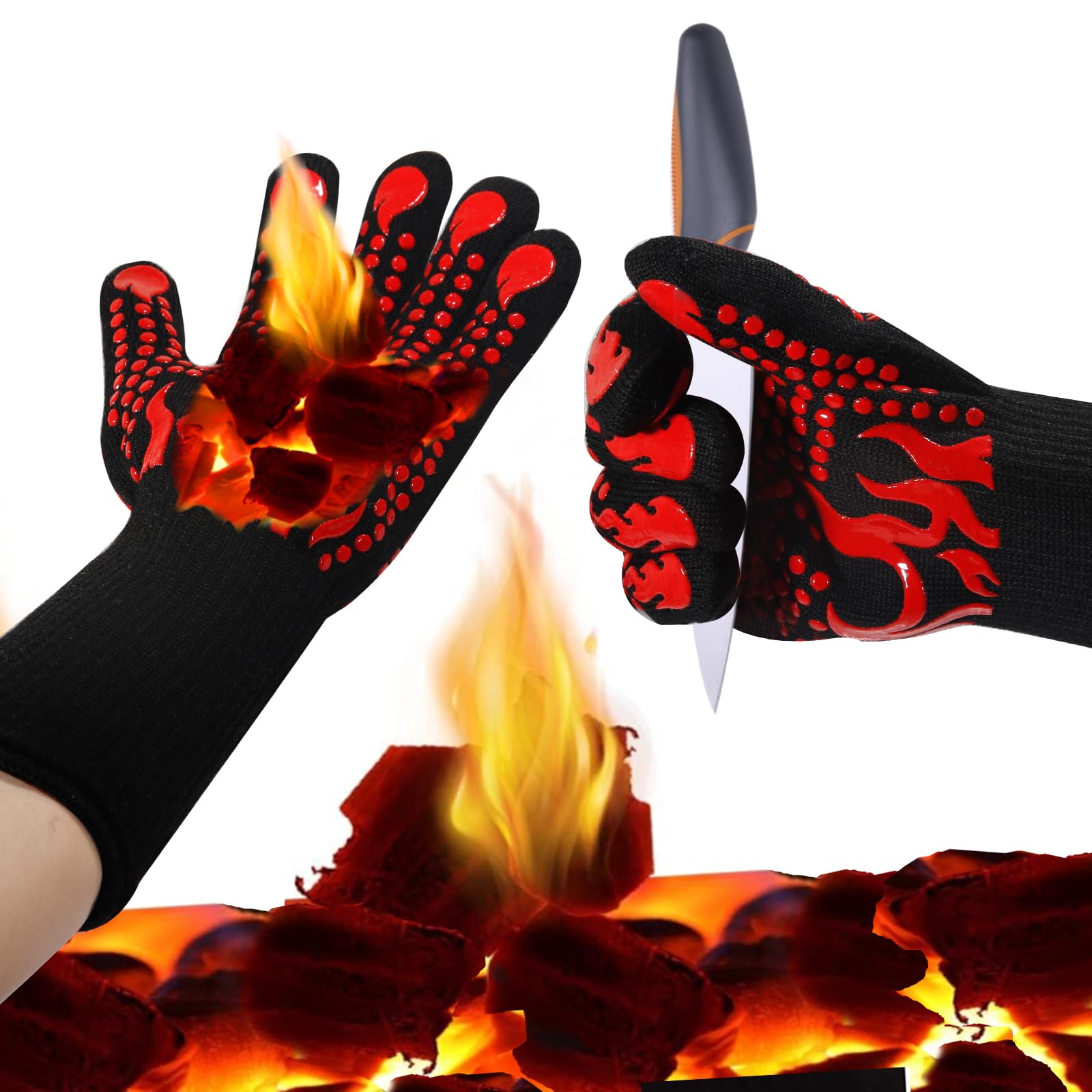 Guantes de barbacoa, ideales para exteriores, guantes de cocina, resistentes al calor, hasta 800.0 °C, muñeca extendida para mayor seguridad, guantes de horno/cocina para horno, mujeres/hombres, papá