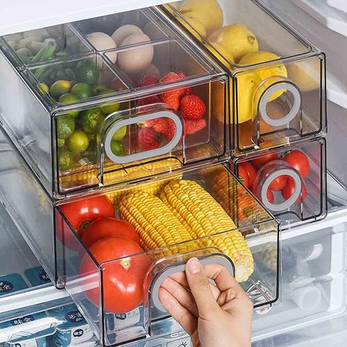 6 PCS Refrigerator Drawer Organizer, Fridge Organizers and Storage Clear, Plastic Storage Drawers - BPA Free Plastic Storage Drawers (Grey Handle, 3 Drawers And 3 Cubes)