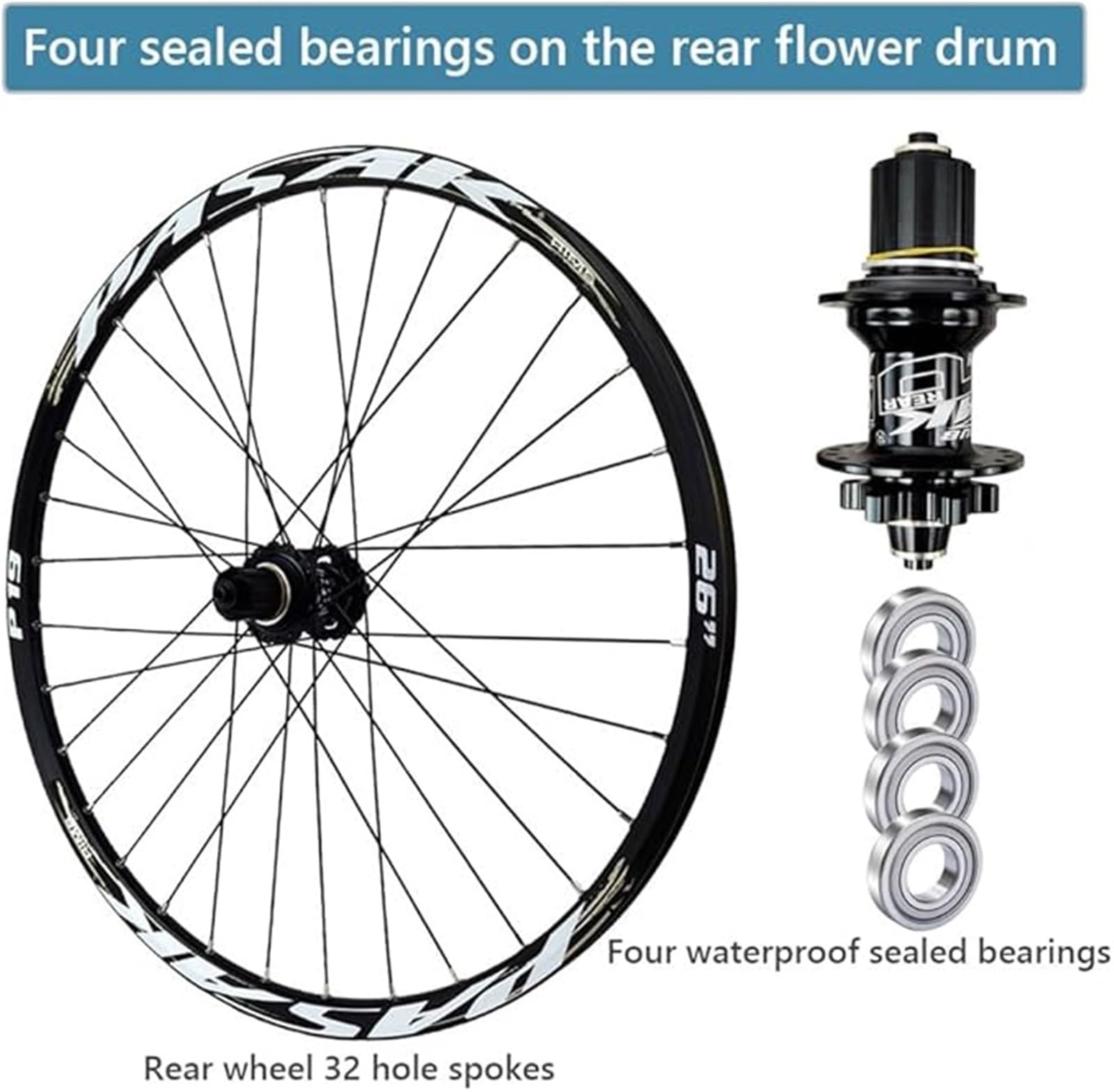 MTB zestaw kół 24/26/27,5/29", hamulec tarczowy, stop aluminium, uszczelnione łożysko, felga tylna 32H, do 7-12 biegów, 2210 g