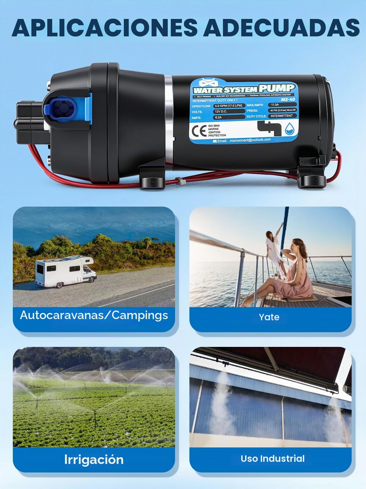 Mxmoonant 12V Bomba de Agua de Membrana, Bomba de Refuerzo de 2.8Bar, 132W, 17L/min, Autocebante, con Protección contra Sobrecarga, para Caravanas, Autocaravanas, Barcos, Riego, Circulación