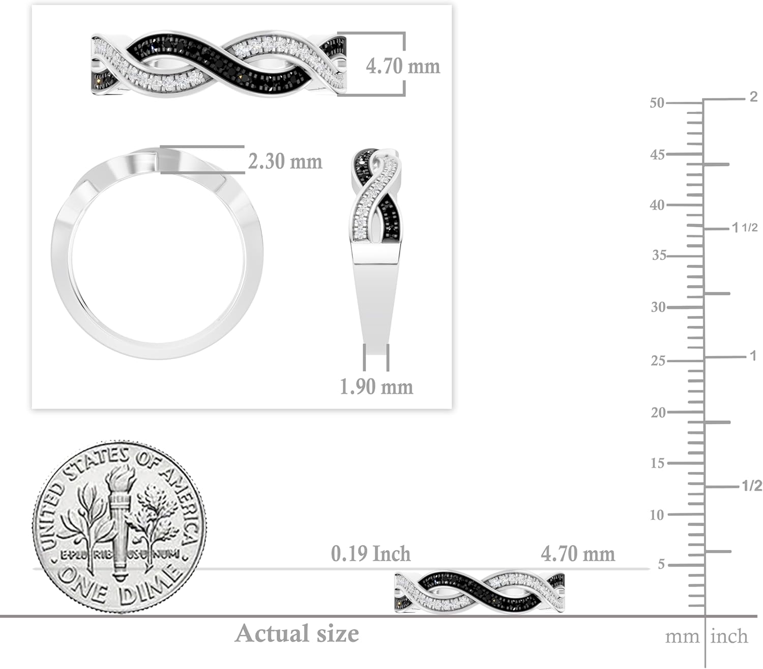 Dazzlingrock Collection 0.15 Ctw Round Black & White Natural Diamond Criss Cross Stackable Ring for Women in 925 Sterling Silver - Image 5