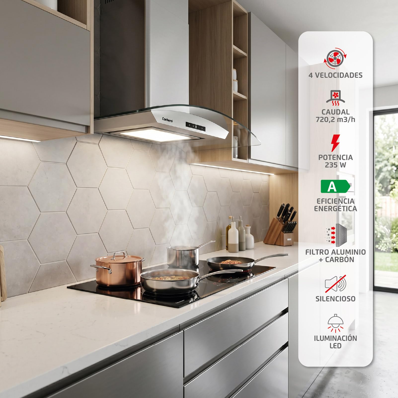 Corbero - Campana Extractora Horizontal 90cm | FUJI975XGLASS | 720.2 m3/h| 67db| 235W | 4 Velocidades | Control Touch| Panel LED| Filtro Aluminio + Filtro Carbón | Acero Inoxidable-Cristal