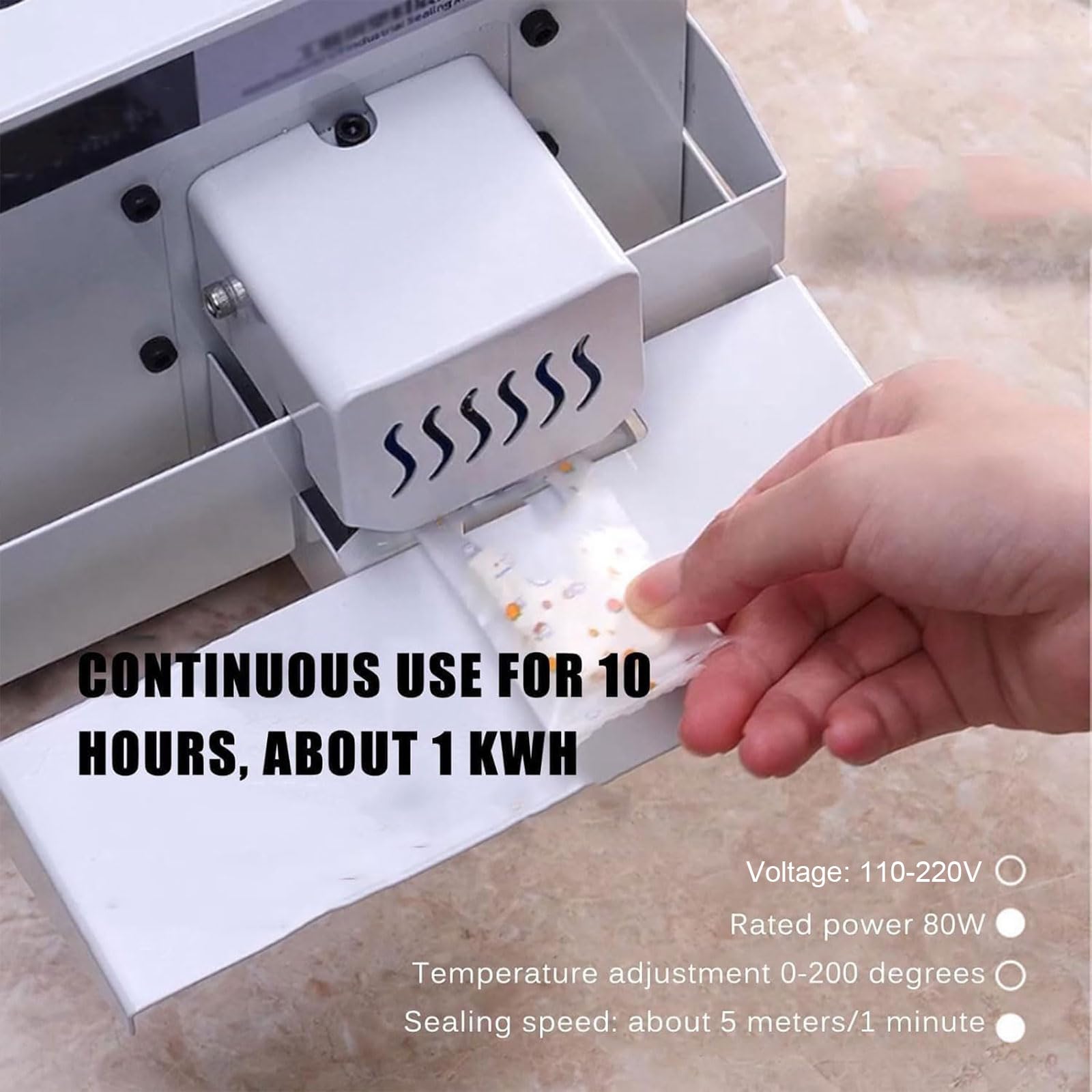 Máquina automática de sellado continuo, sellador térmico de bolsas de plástico de 5 m/min con control de temperatura de 50 a 200 °C para soluciones de embalaje eficientes
