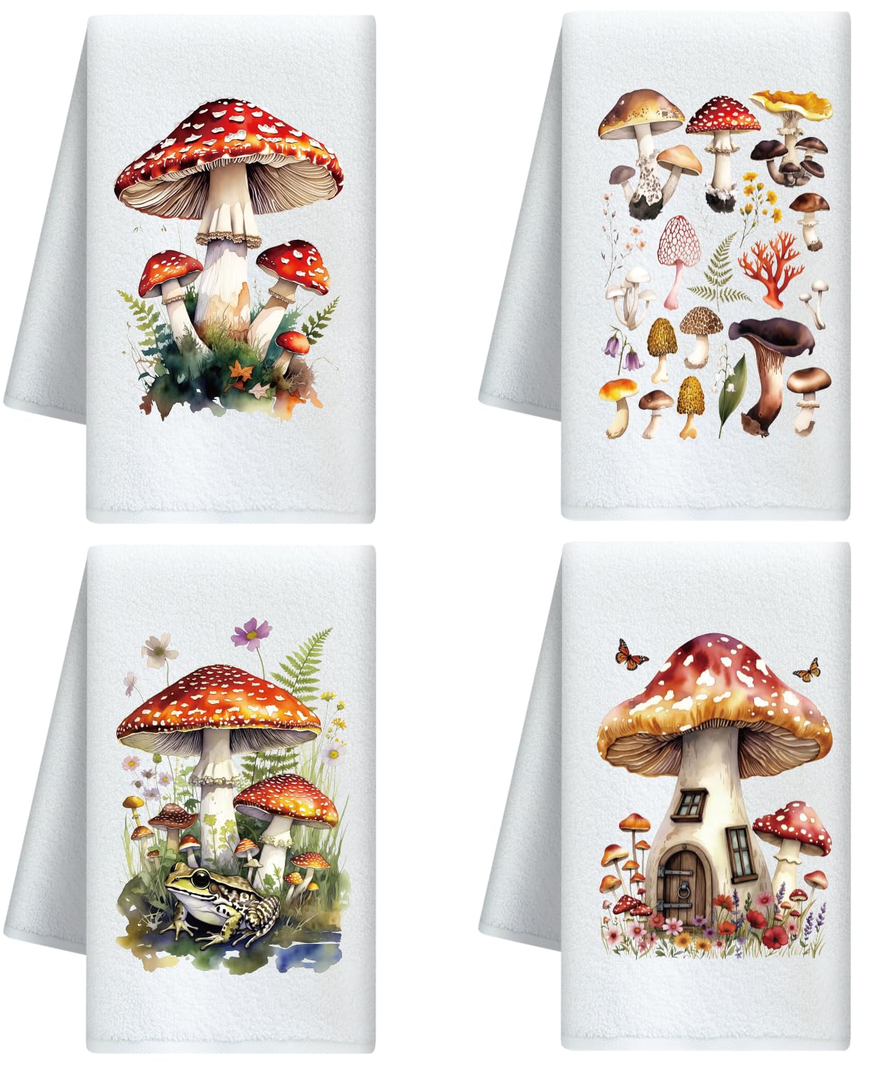CUTHOLLOW 4PCS Mushroom and Flower with Frog Tea Towels, 60x40cm Soft & Absorbent Microfiber Dish Towel for Kitchen Tea Coffee Bar, Best Gift for Mother's Day Housewarming Birthday