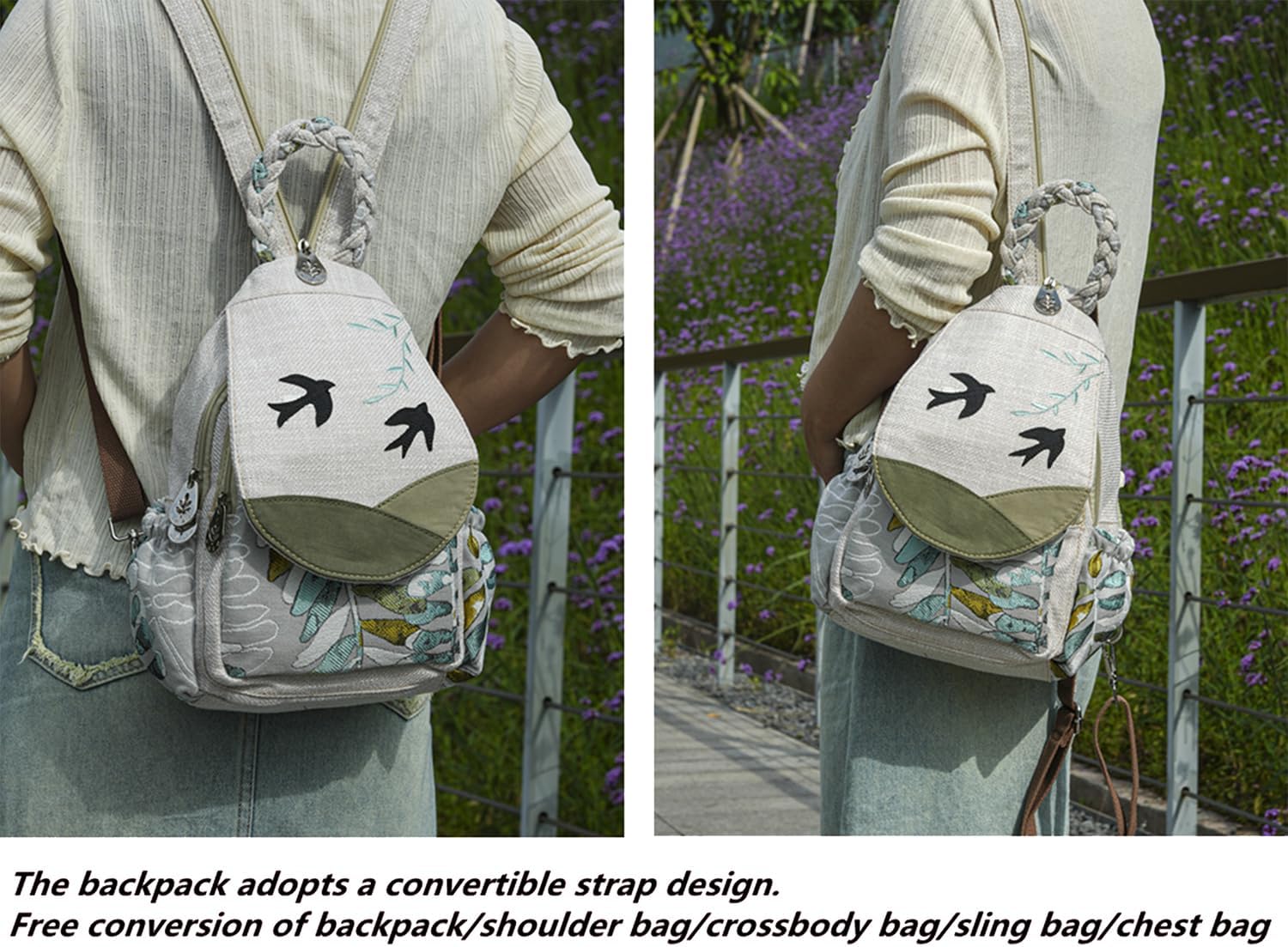 Boho Cotton Linen Backpack Multi-Pocket, Convertible, Ideal Gift for Women, Girls, and College Students Bee - Image 5