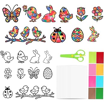 CPKONUUIP Window Stickers Easter Craft Set 26 Pieces Self-adhesive paper - stained glass effect - birds - chicks - butterflies - rabbits - Easter egg for DIY window decoration