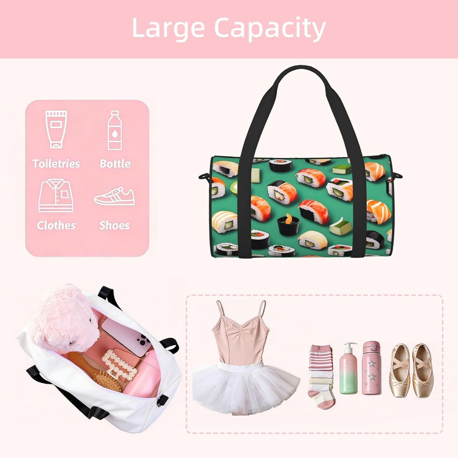 Sushi Food Print Sports Tote Bag Lightweight Water-Resistant Gym Backpack Travel Supplies