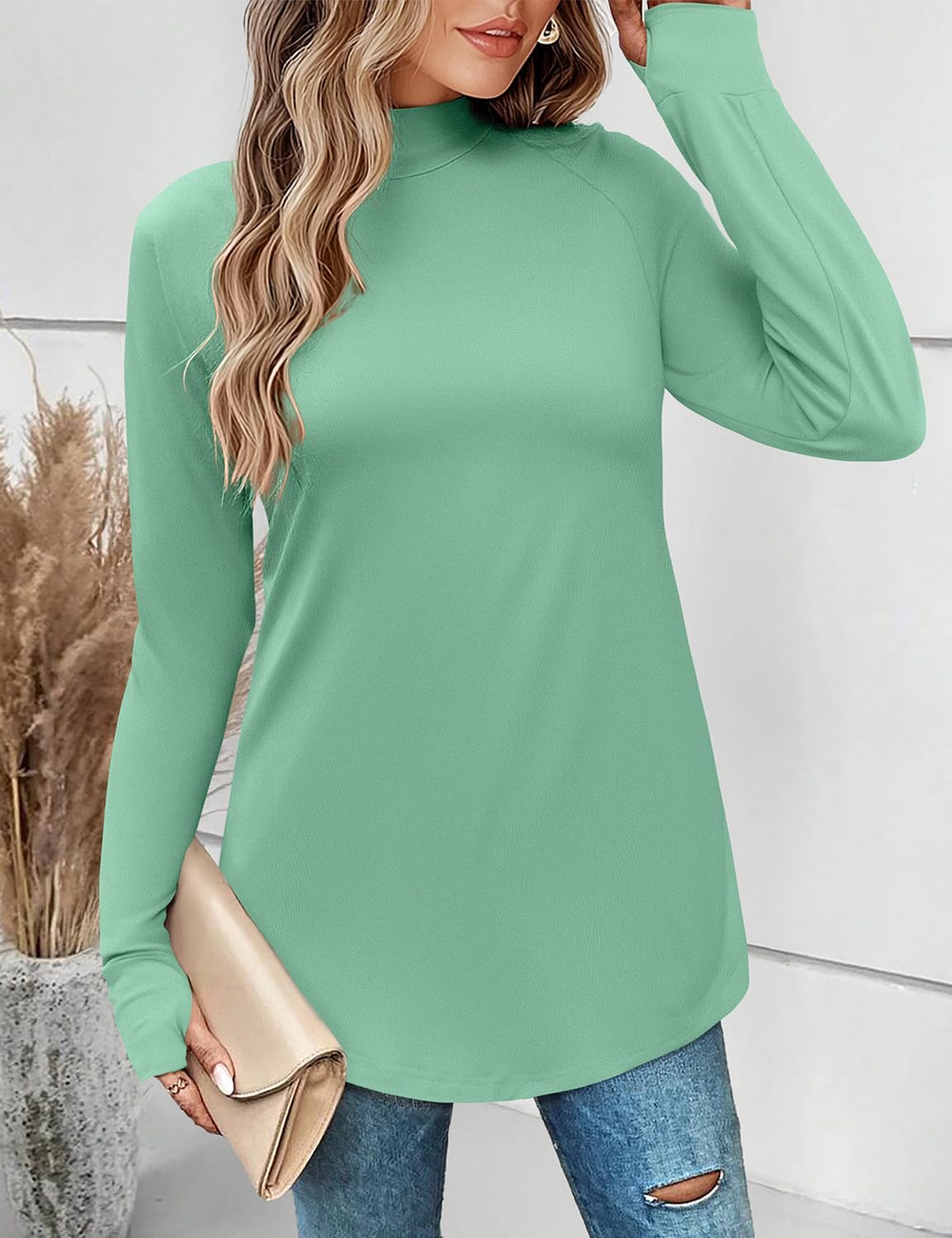 JUSTFASHIONNOW Tunic Tops for Women Casual Long Sleeve Turtle Neck Shirts Thumb Hole Curved Hem Tops Fall Fashion - Image 3