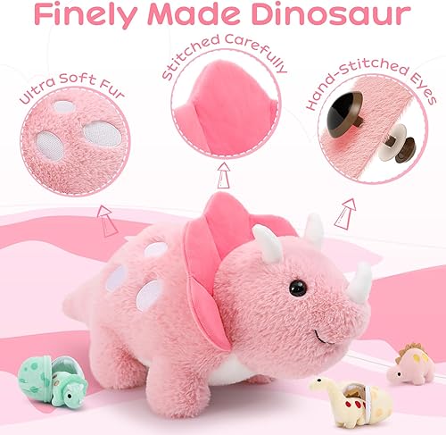 Miniatura 5 de Karister Juguetes de dinosaurio rosa de 17.6 pulgadas para niñas, animal de peluche mamá dinosaurio con 3 dinosaurios bebés de peluche (Triceratops,
