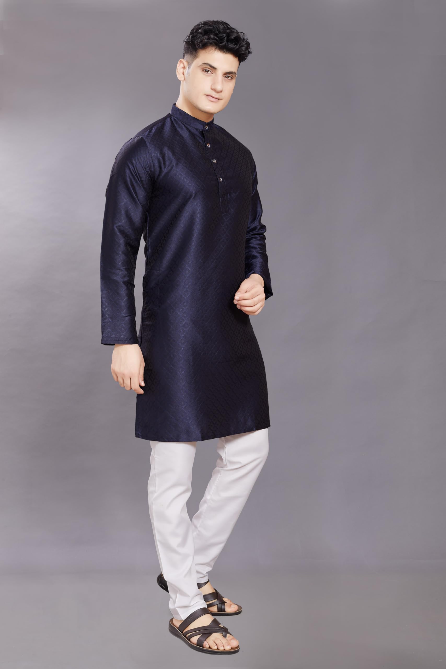 Divisive Men's Self Woven Jequard Art Silk Slim Fit Only Kurta (Dkrt402_M_Navy)