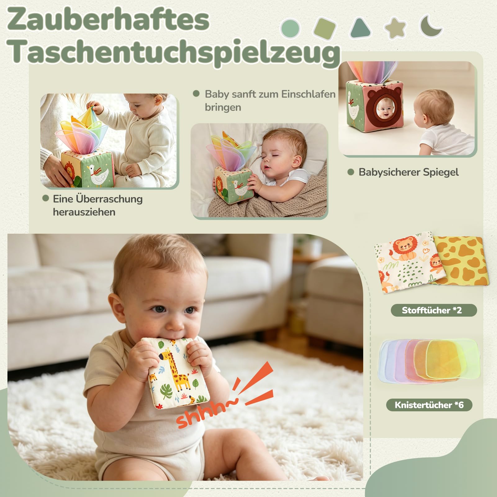 Montessori Spielzeug Baby ab 6 Monate, 5 in 1 Baby Spielzeug ab 7 8 9 Monate mit Bauklötze, Stapelringe, Tissue Box Toys, Lernspielzeug Geschenk für 6-12 Monate