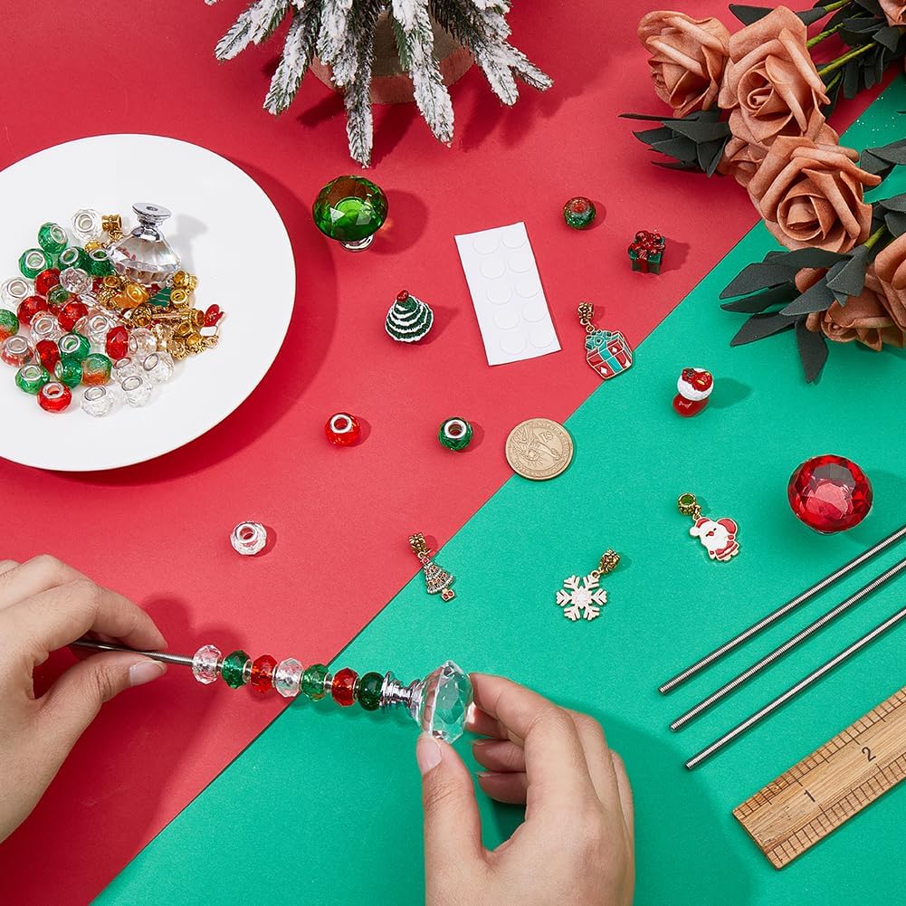 SUNNYCLUE 140Pcs Beaded Garden Stakes Kit DIY Fairy Garden Stakes Wand Christmas Decorative Beads with Assorted Round Large Hole Beads Crystal Stopper Top Threaded Rod Stainless Steel Nuts for Outdoor