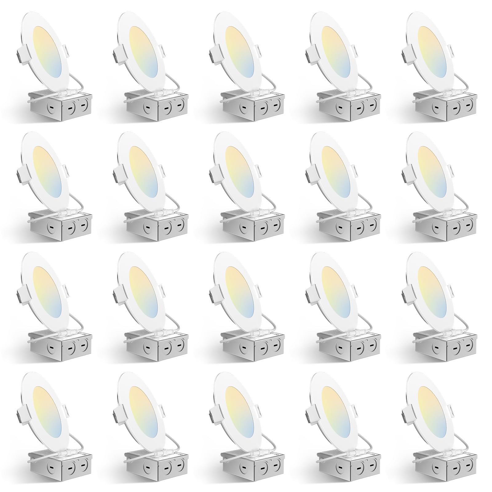 Amico 20 Pack 4 Inch 5CCT Ultra-Thin LED Recessed Ceiling Light with Junction Box, 2700K/3000K/4000K/5000K/6000K Selectable, 10W Eqv 70W, Dimmable Can-Killer Downlight, 700LM High Brightness