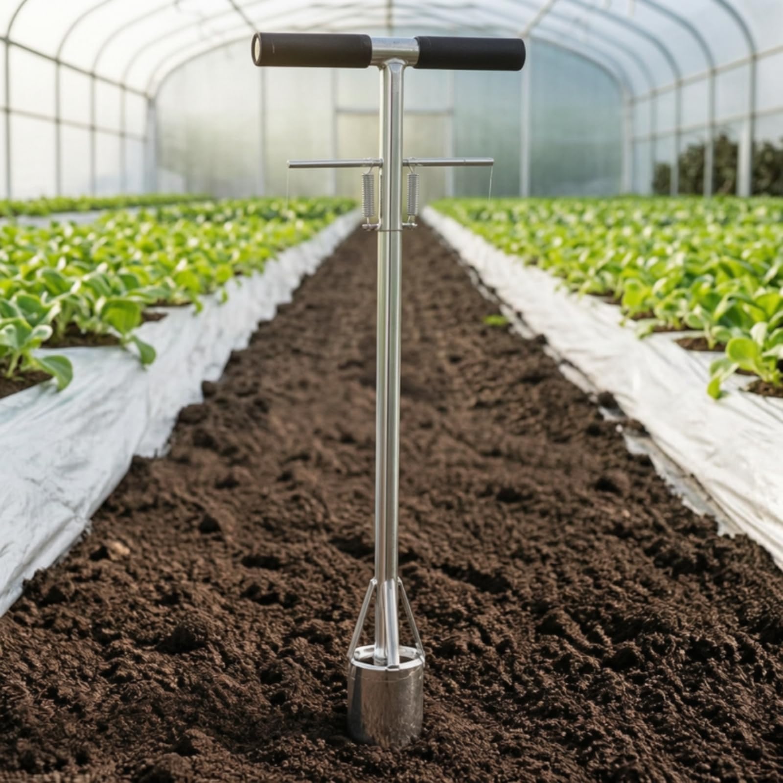 Trasplantador Manual Plántulas Acero Inoxidable Ergonómico Perforador s con Mango en T Portátil para Jardineros, Agricultores, Jardines, 7.5cm