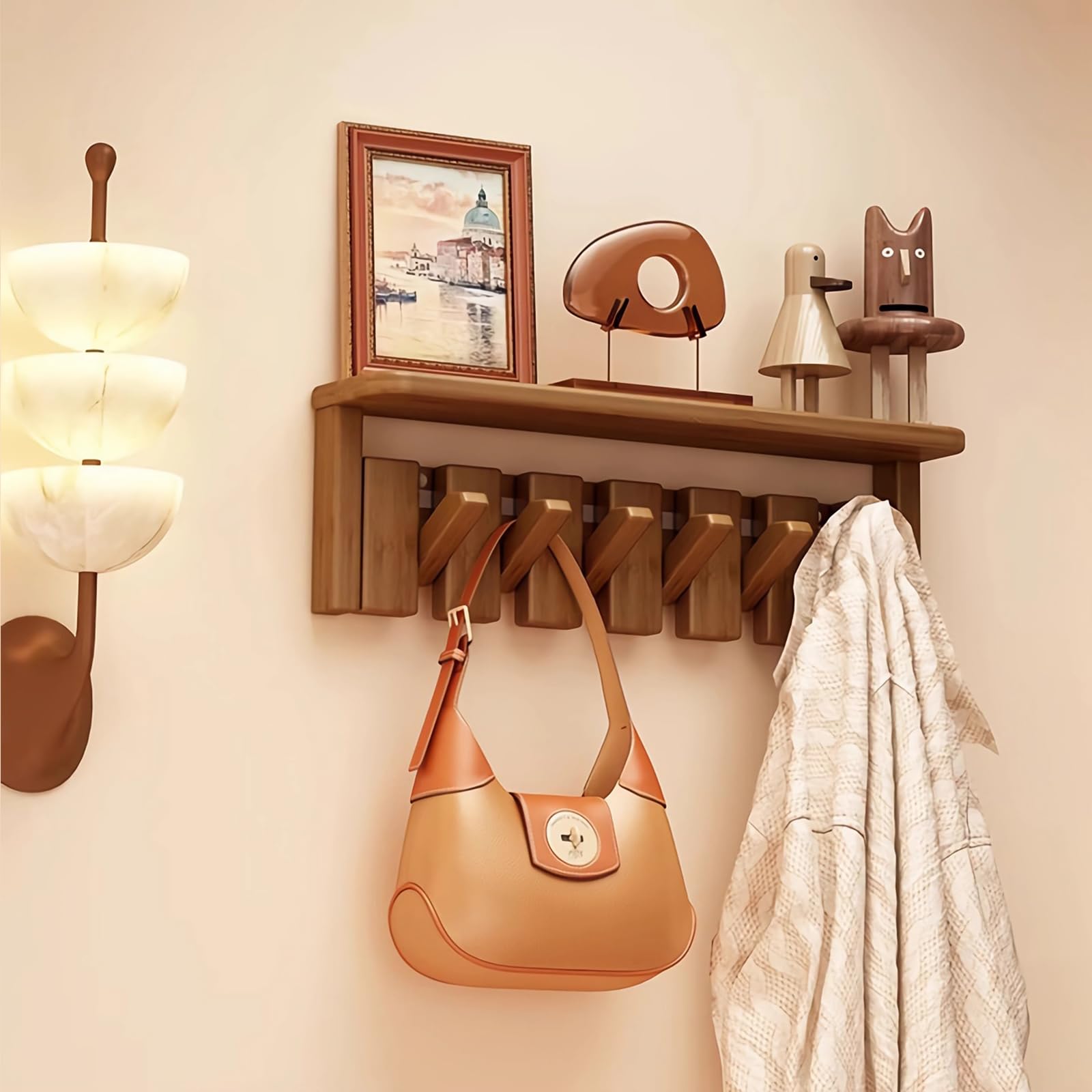 FleiSleep Wall Mounted Piano Key Hanger | Flip Style Hook | Entrance Wall Art Hook, Made of Oak Wood (3 Times Painted, 4 Times Polished) (Tray Walnut,