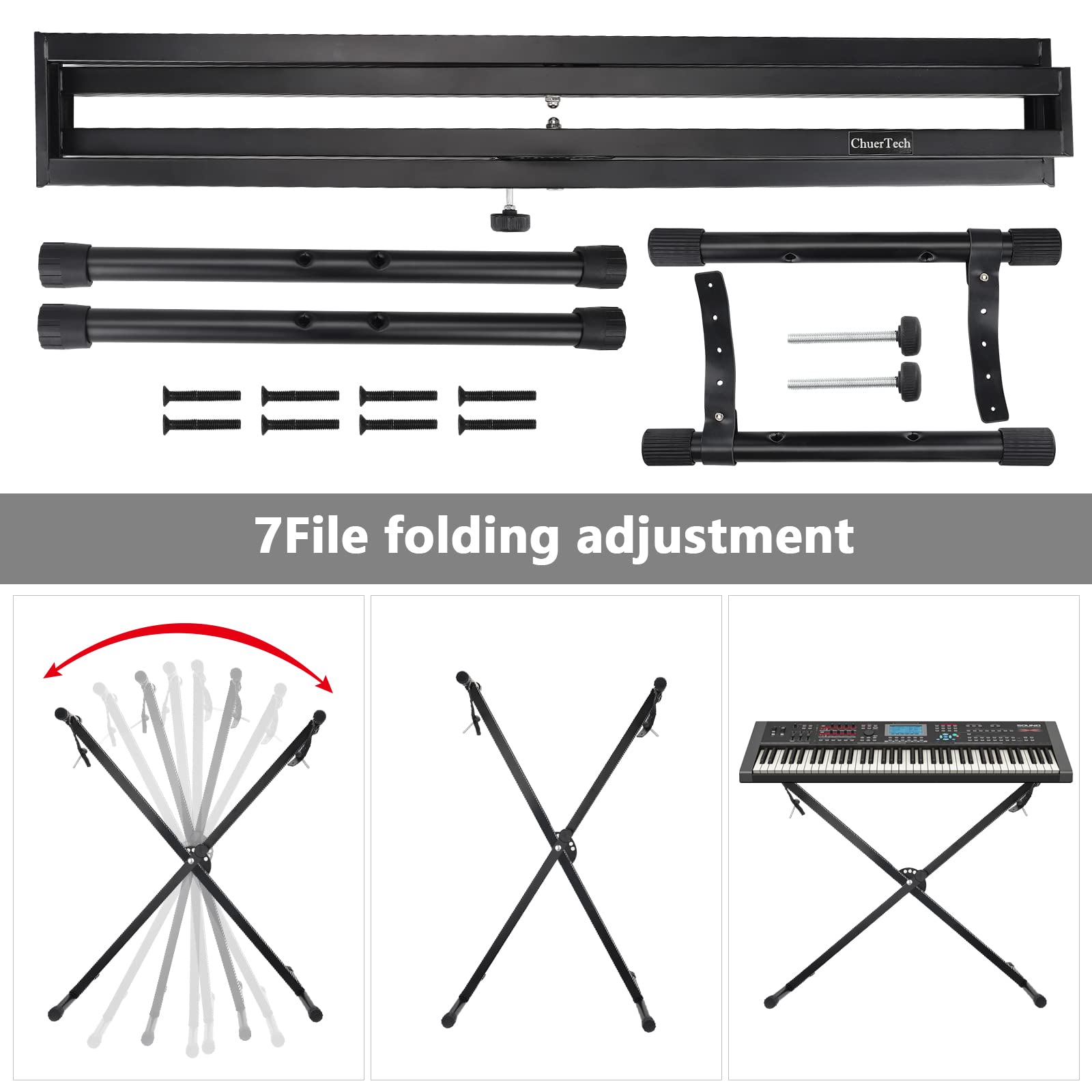 Soporte Teclado Piano, Soporte para Teclado Musical Electrónico con 7 Niveles de Altura Regulable 31-97 cm, Keyboard Stand Antideslizante con Correas de Bloqueo - Negro
