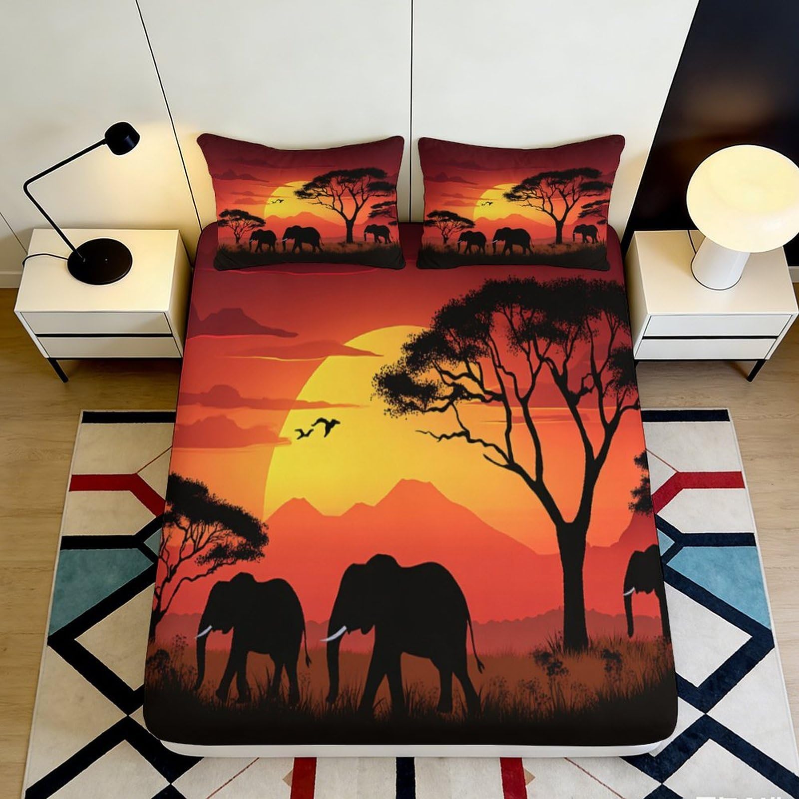 3D Printed African Sunset Fitted Sheet Microfiber Soft Bedroom Decor Elephant Savannah Mattress Cover 90x200x25cm